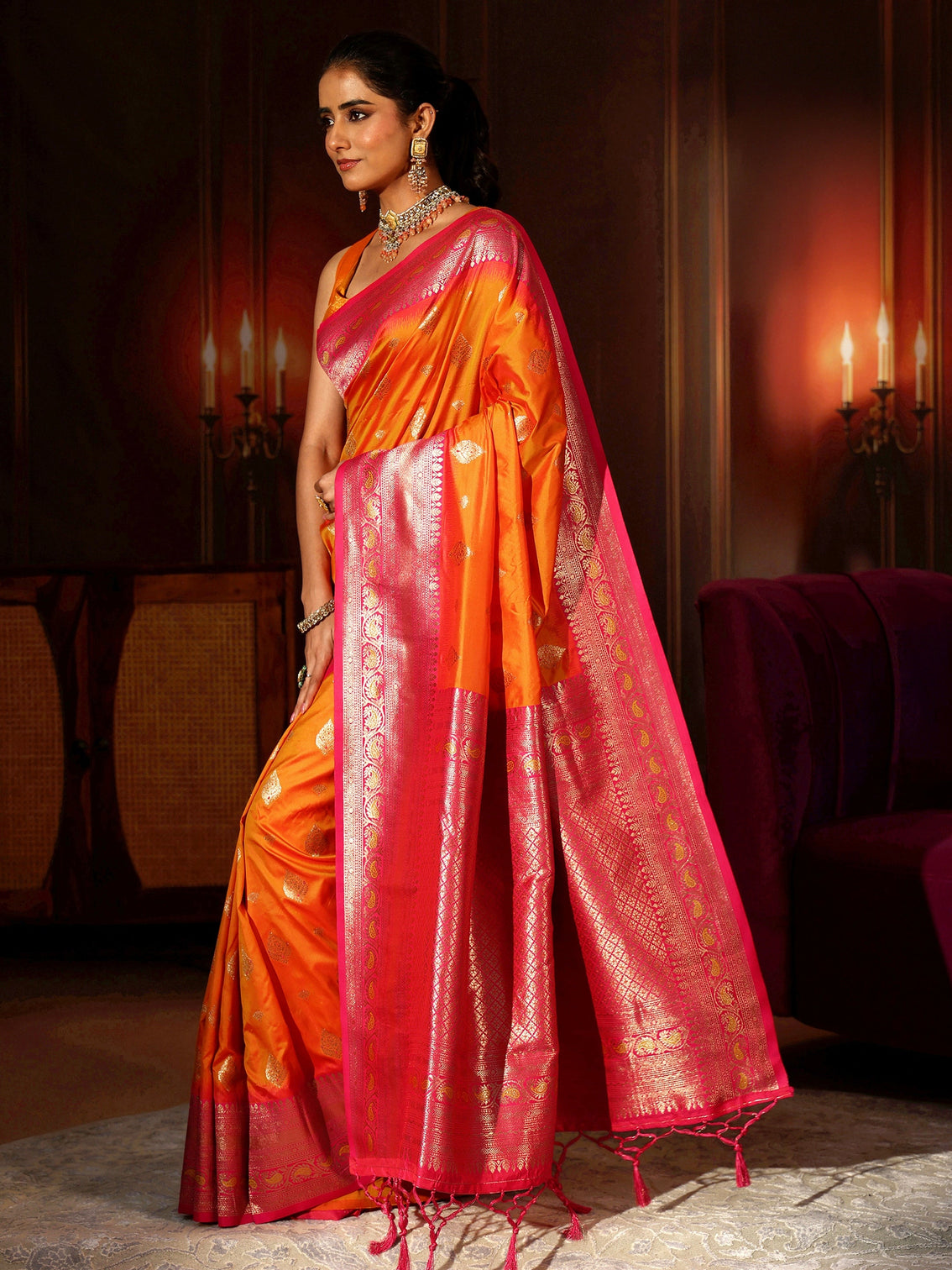 Mameraa Mustard Banarasi Silk Blend Saree
