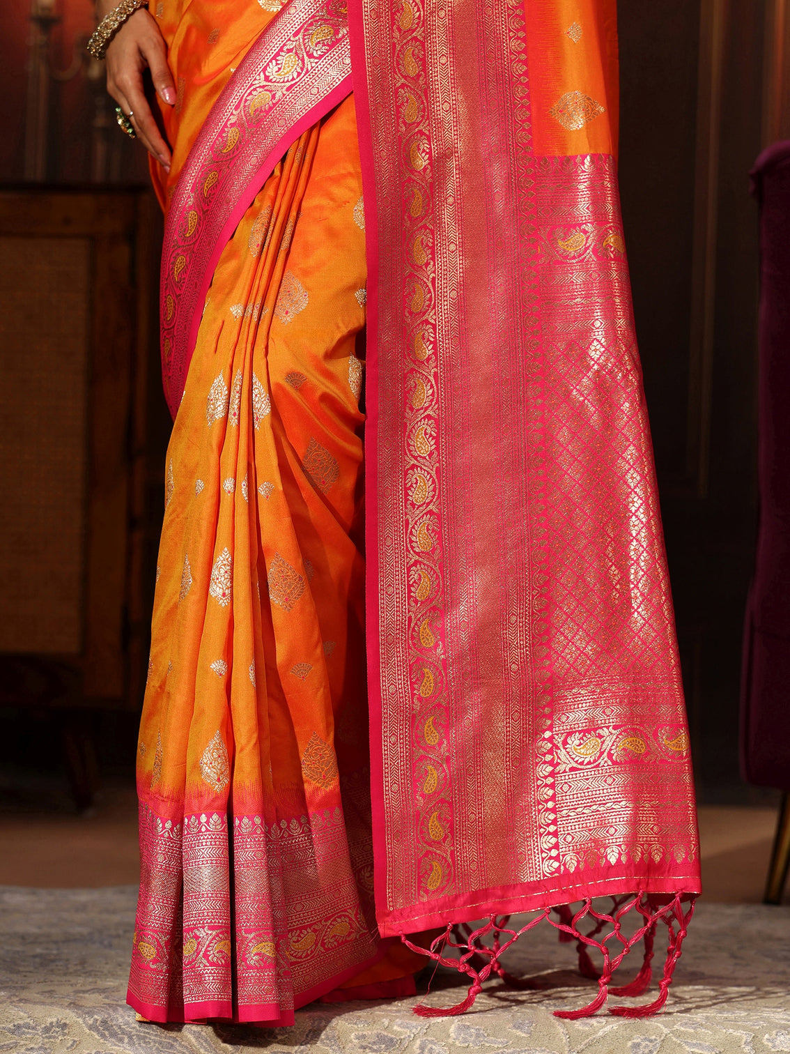 Mameraa Mustard Banarasi Silk Blend Saree
