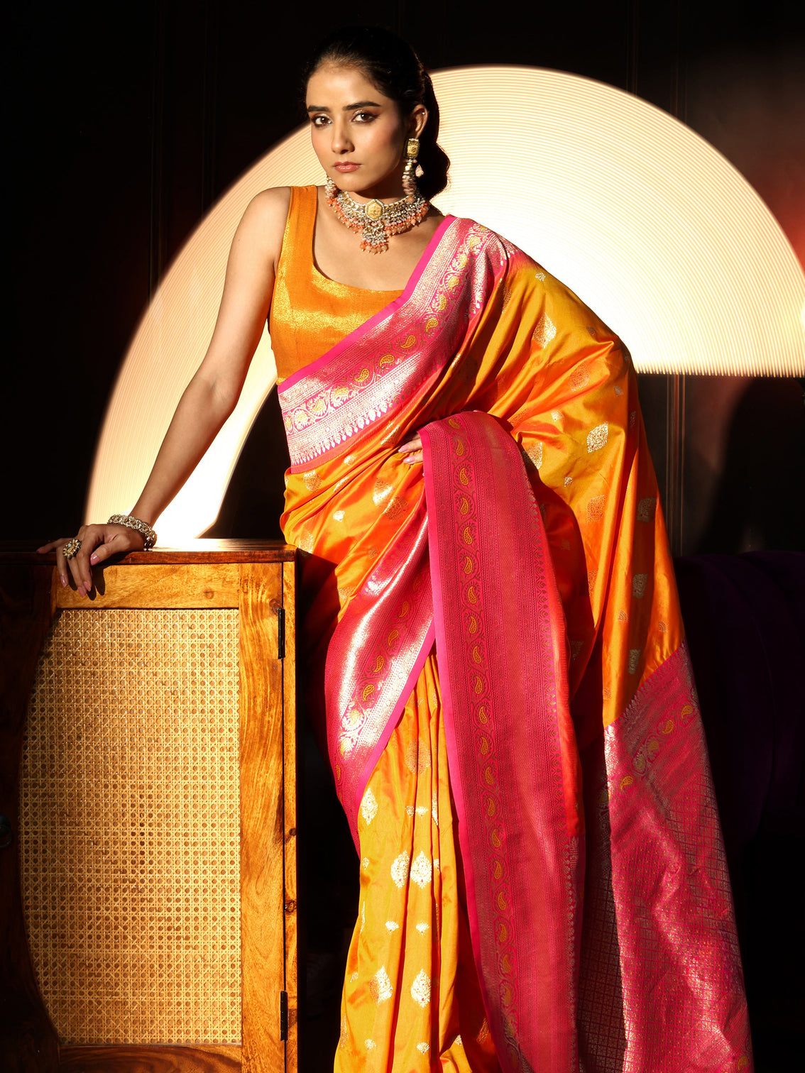 Mameraa Mustard Banarasi Silk Blend Saree