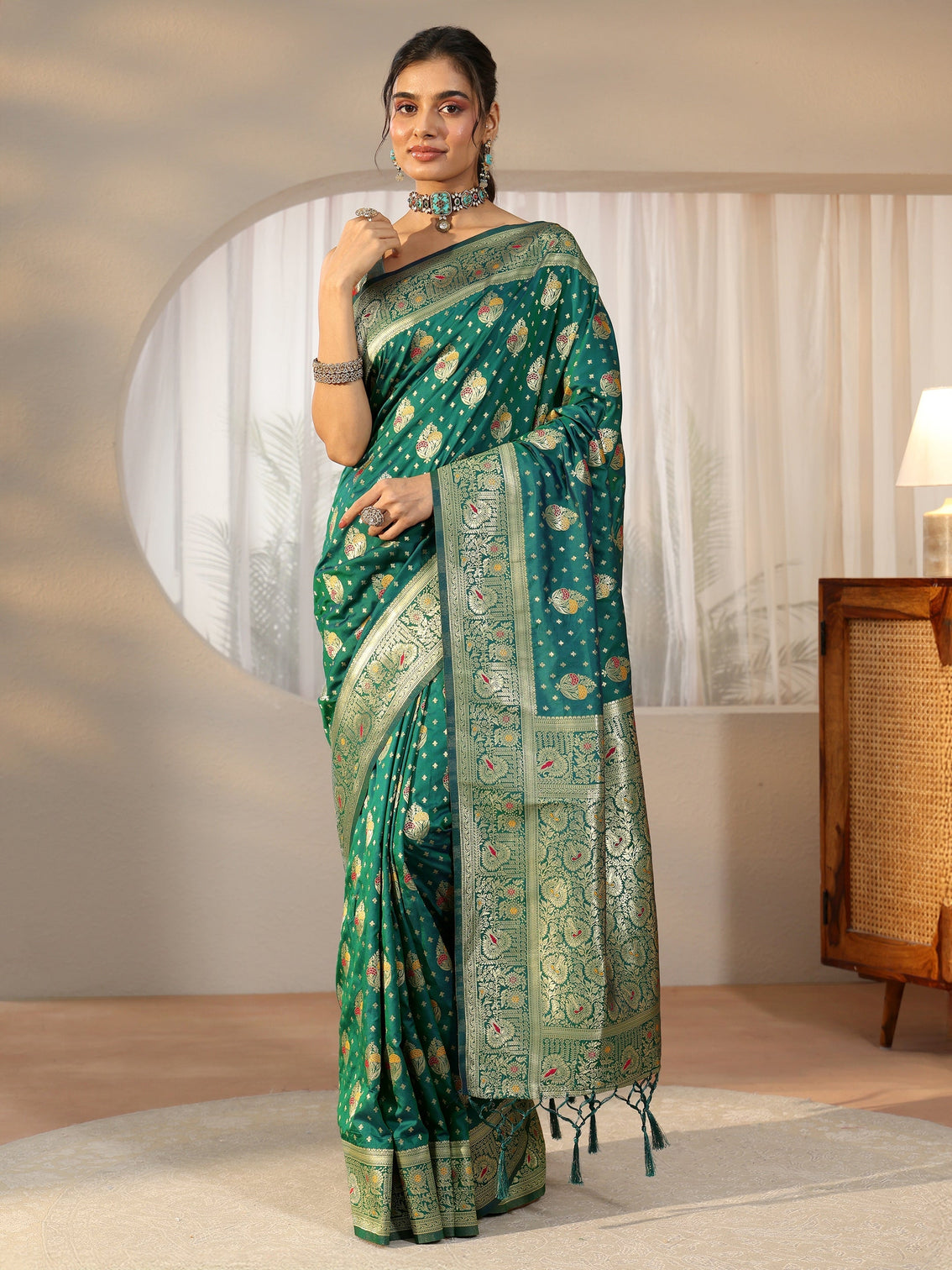 Mameraa Teal Green Banarasi Silk Blend Saree