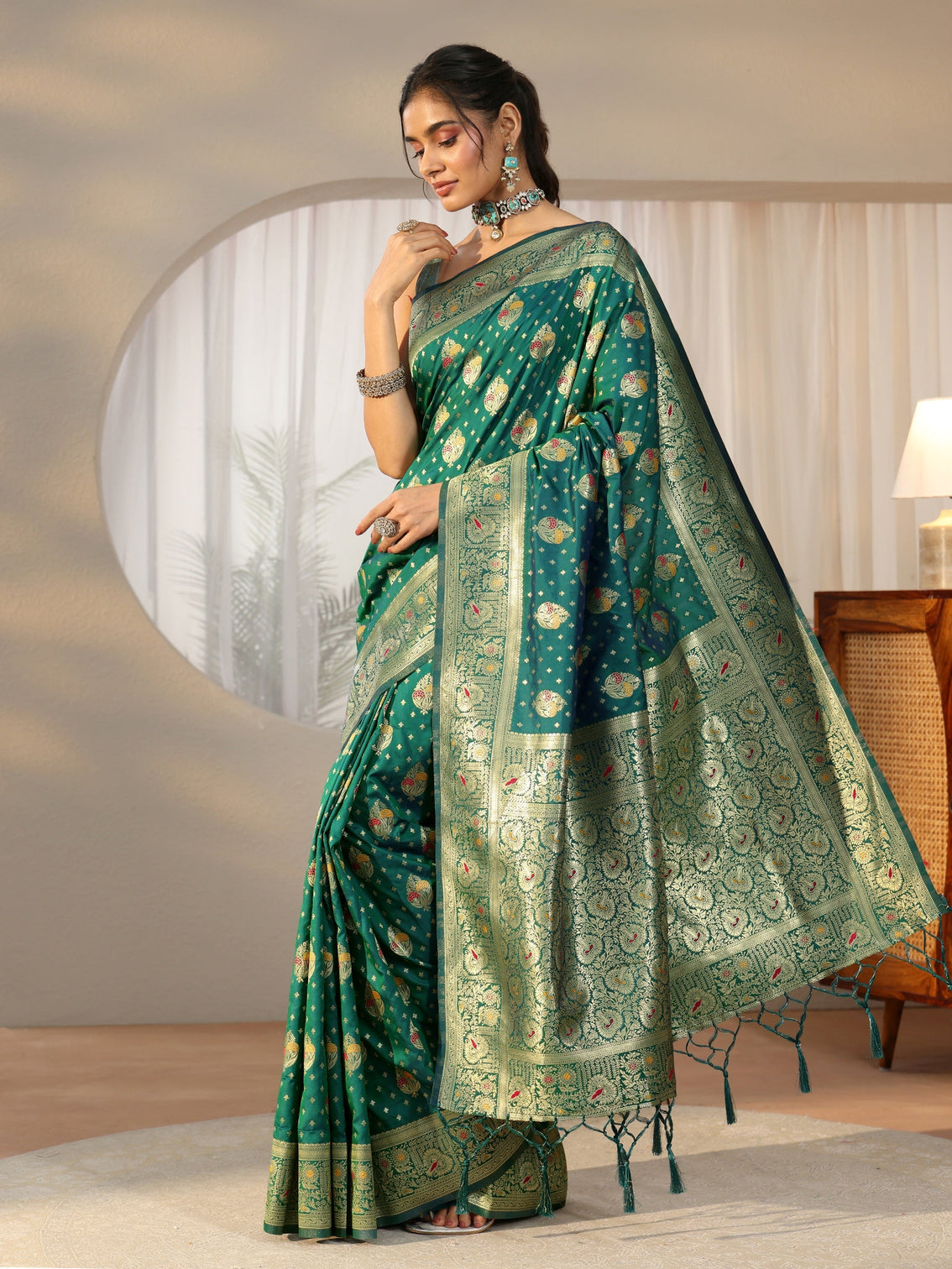 Mameraa Teal Green Banarasi Silk Blend Saree