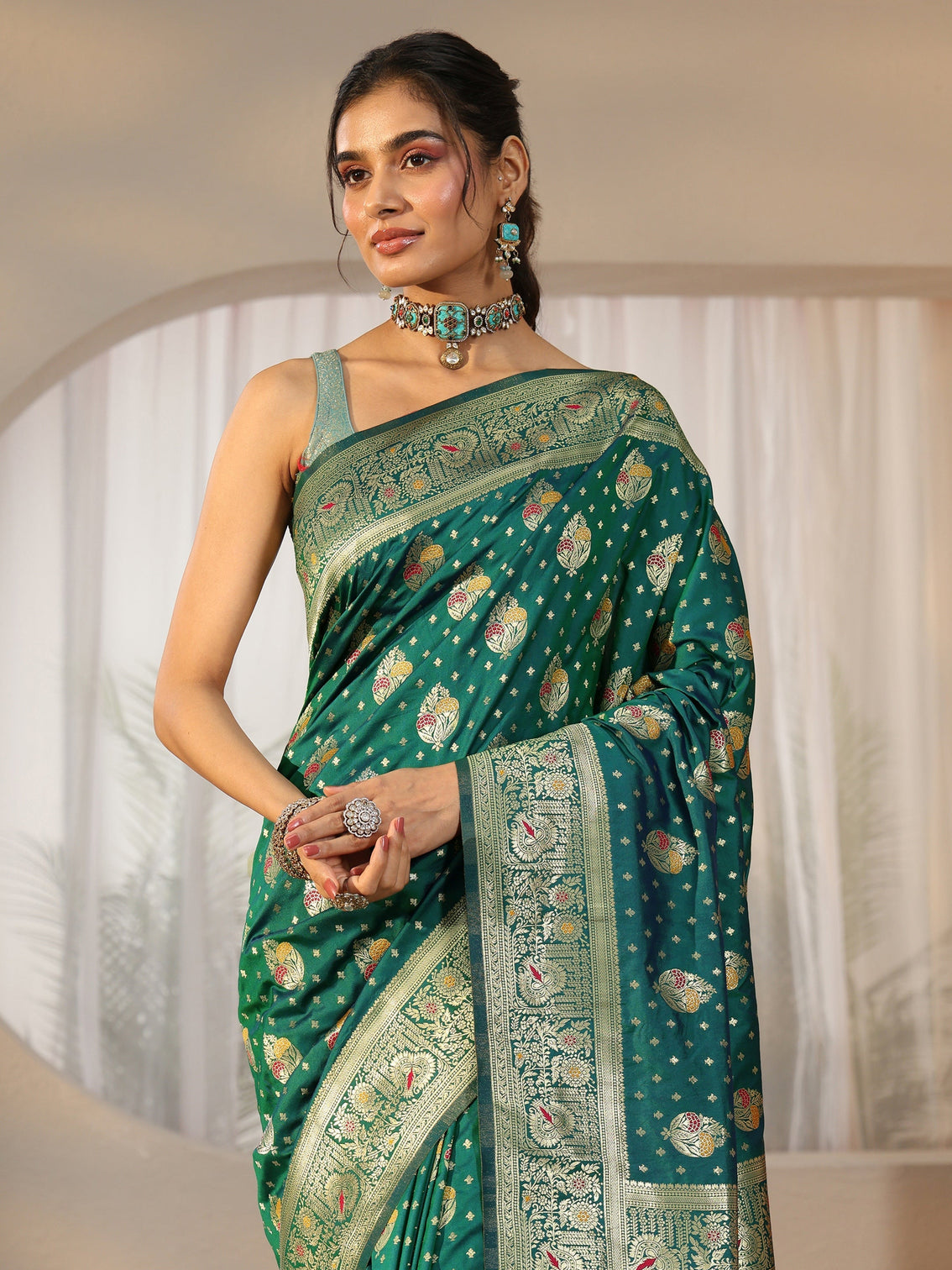 Mameraa Teal Green Banarasi Silk Blend Saree