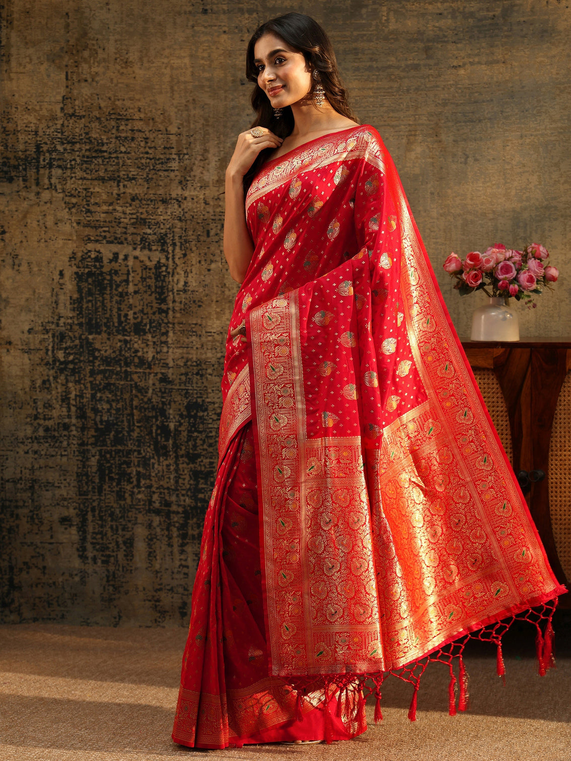 Mameraa Vermilion Red Banarasi Silk Blend Saree