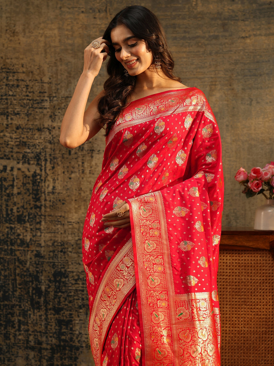 Mameraa Vermilion Red Banarasi Silk Blend Saree