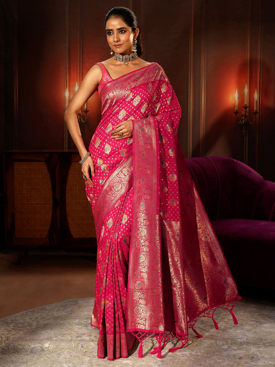 Mameraa Rani Pink Banarasi Silk Blend Saree