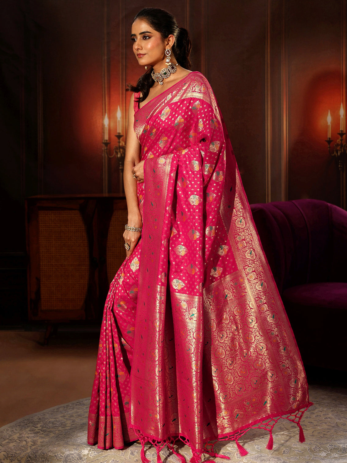 Mameraa Rani Pink Banarasi Silk Blend Saree