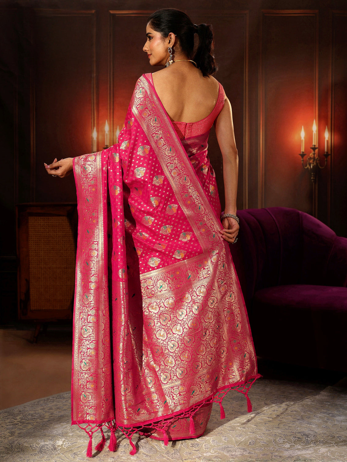 Mameraa Rani Pink Banarasi Silk Blend Saree