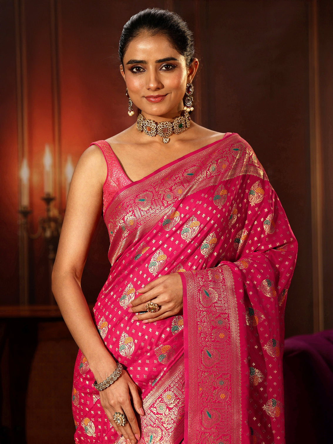 Mameraa Rani Pink Banarasi Silk Blend Saree