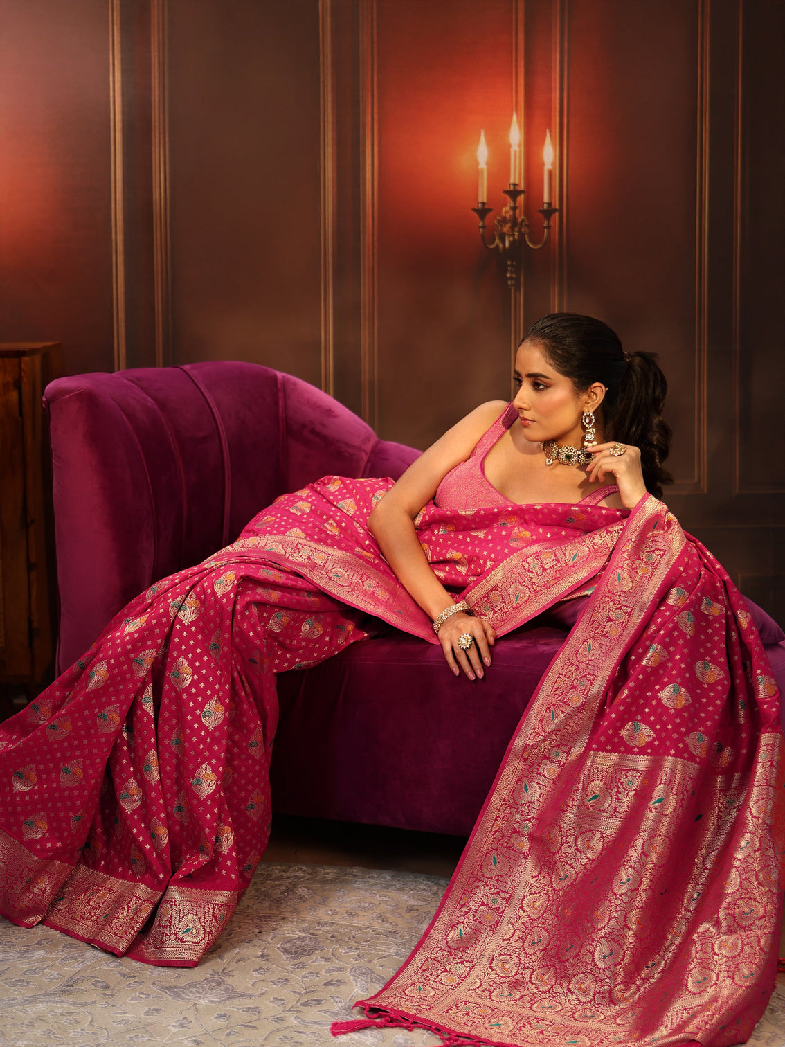 Mameraa Rani Pink Banarasi Silk Blend Saree