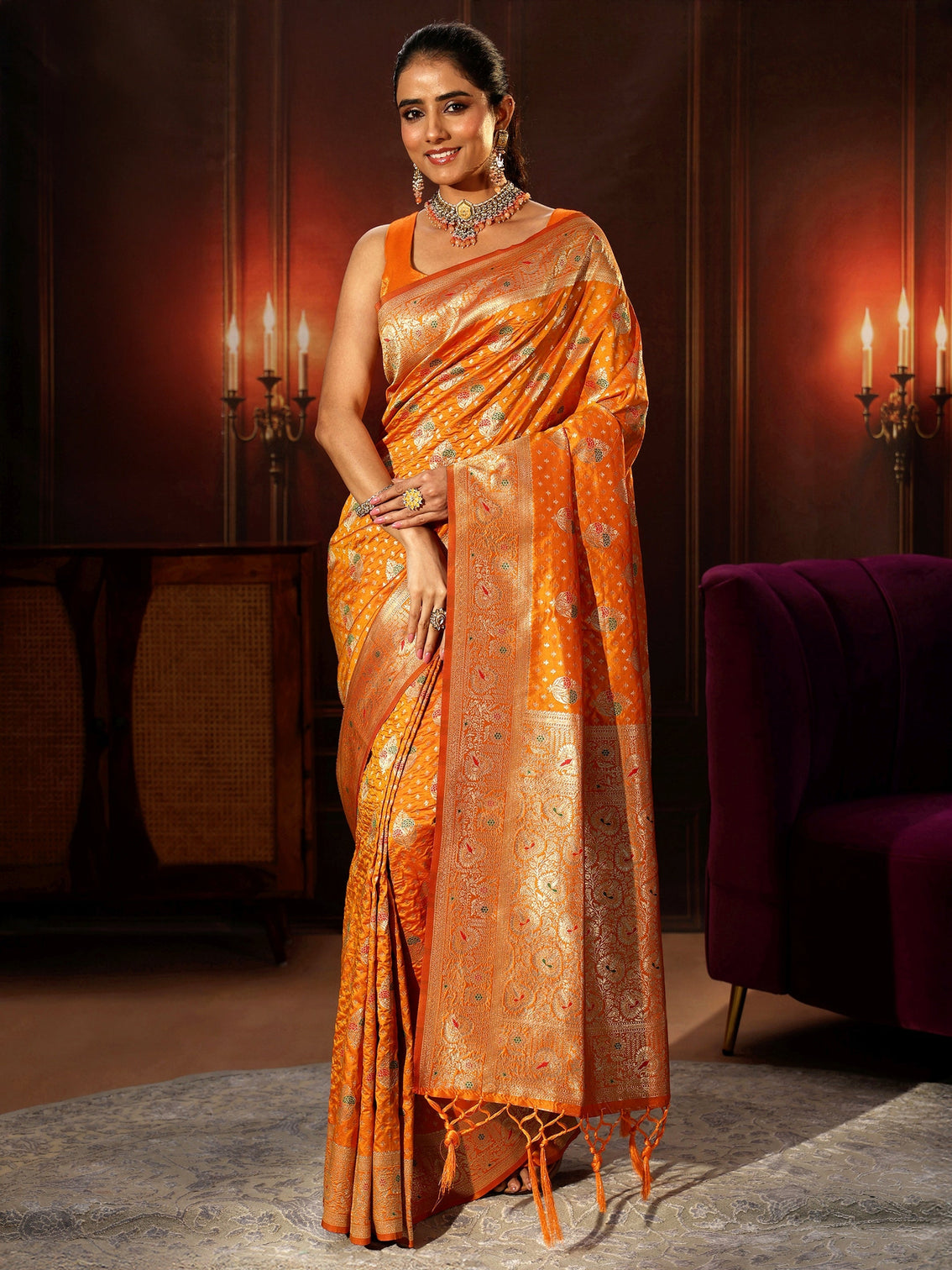 Mameraa Orange Banarasi Silk Blend Saree