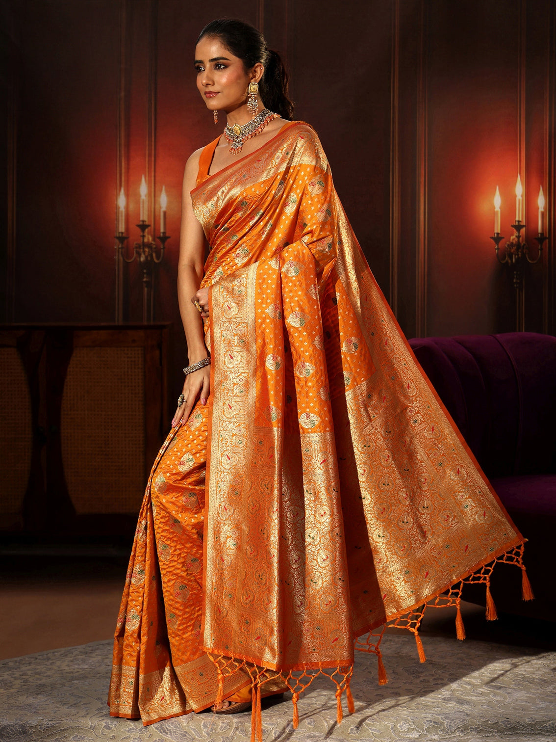 Mameraa Orange Banarasi Silk Blend Saree