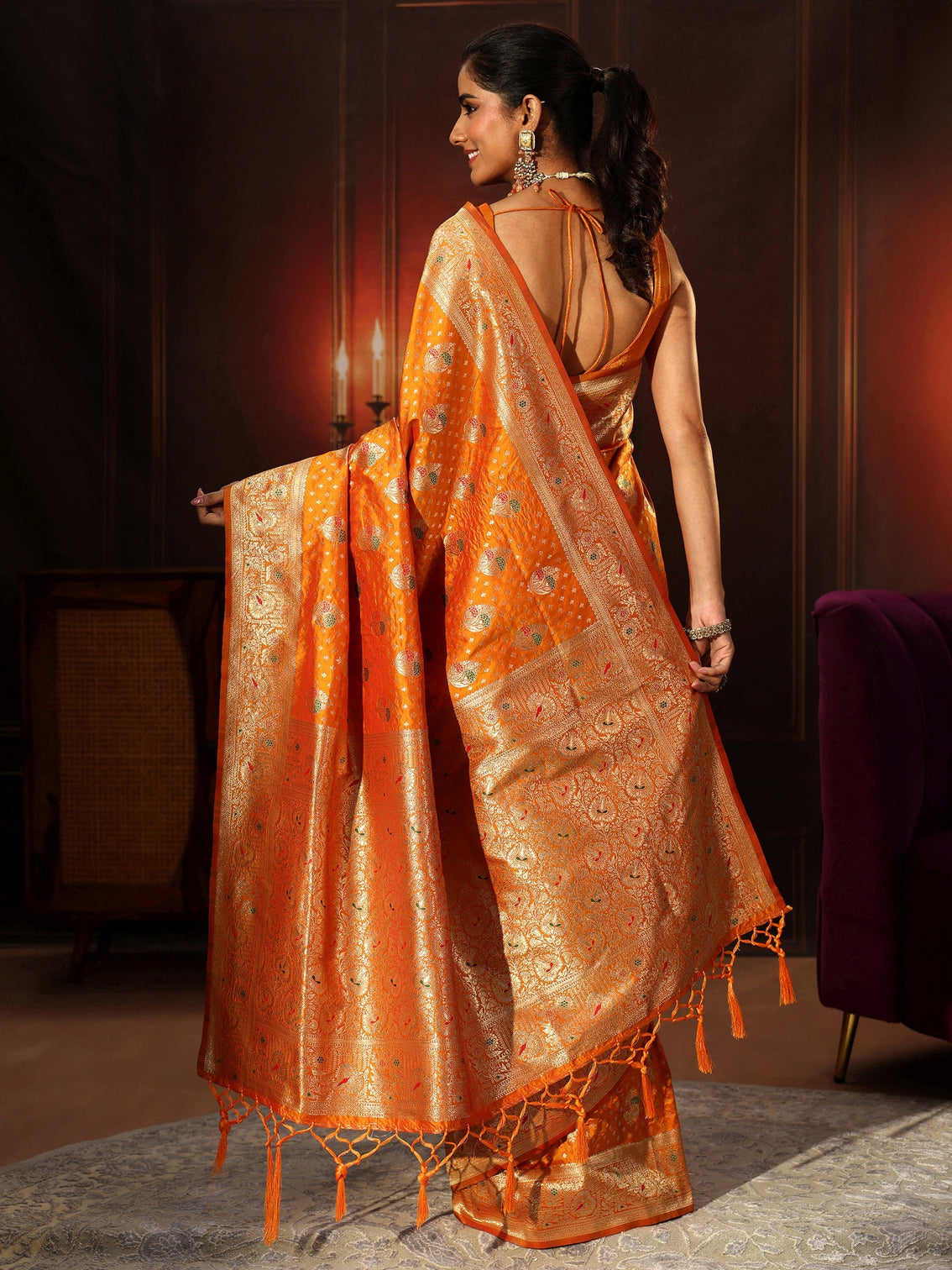 Mameraa Orange Banarasi Silk Blend Saree