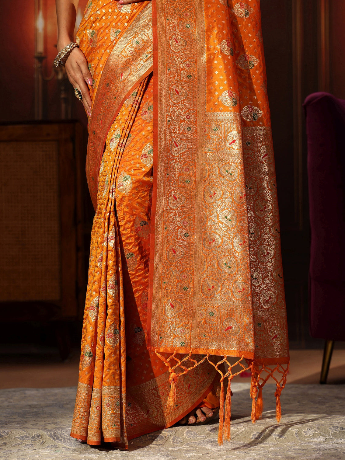 Mameraa Orange Banarasi Silk Blend Saree