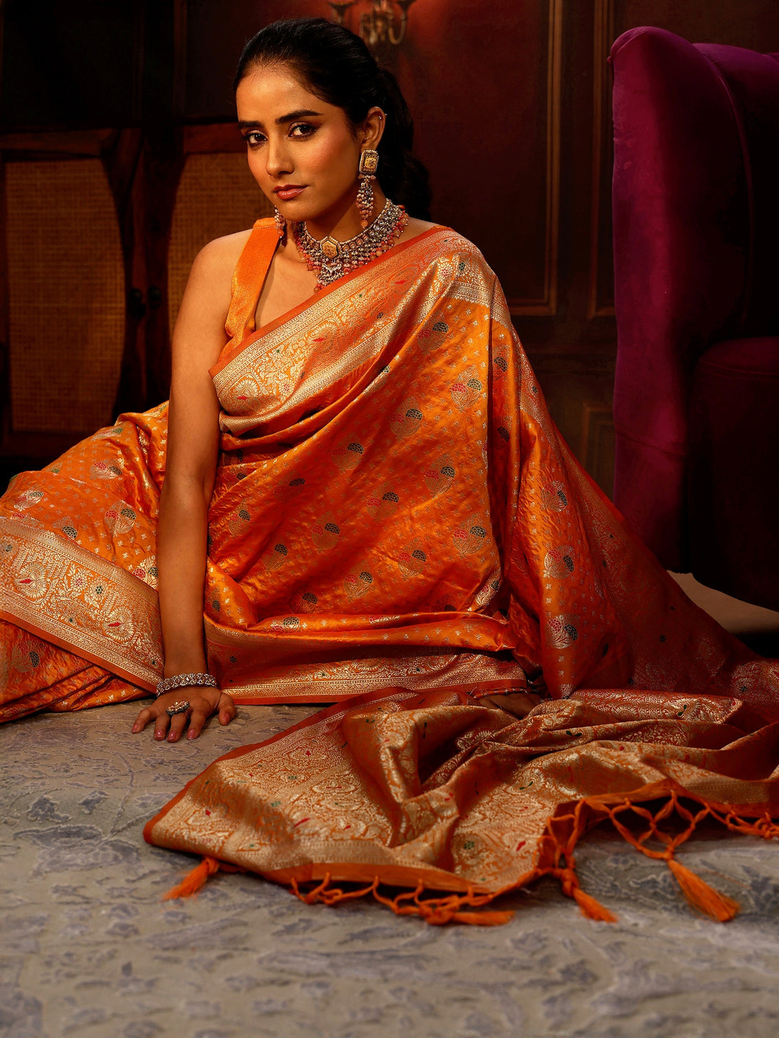 Mameraa Orange Banarasi Silk Blend Saree