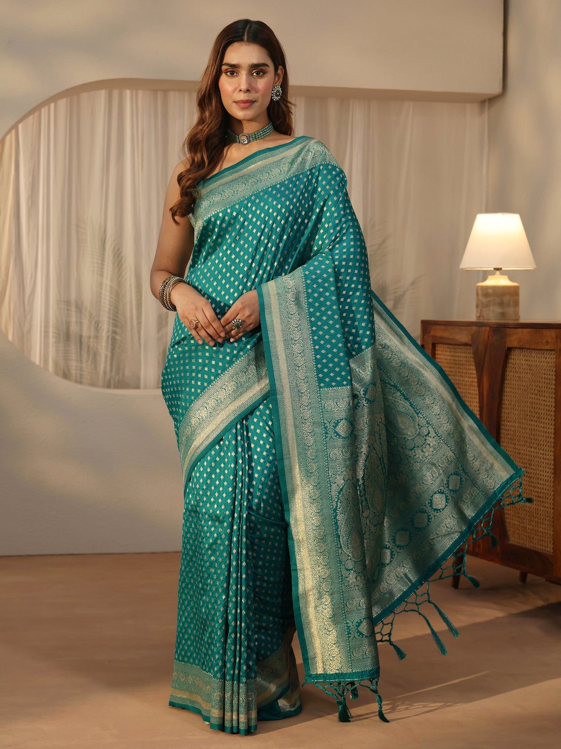 Mameraa Sea Green Banarasi Silk Blend Saree