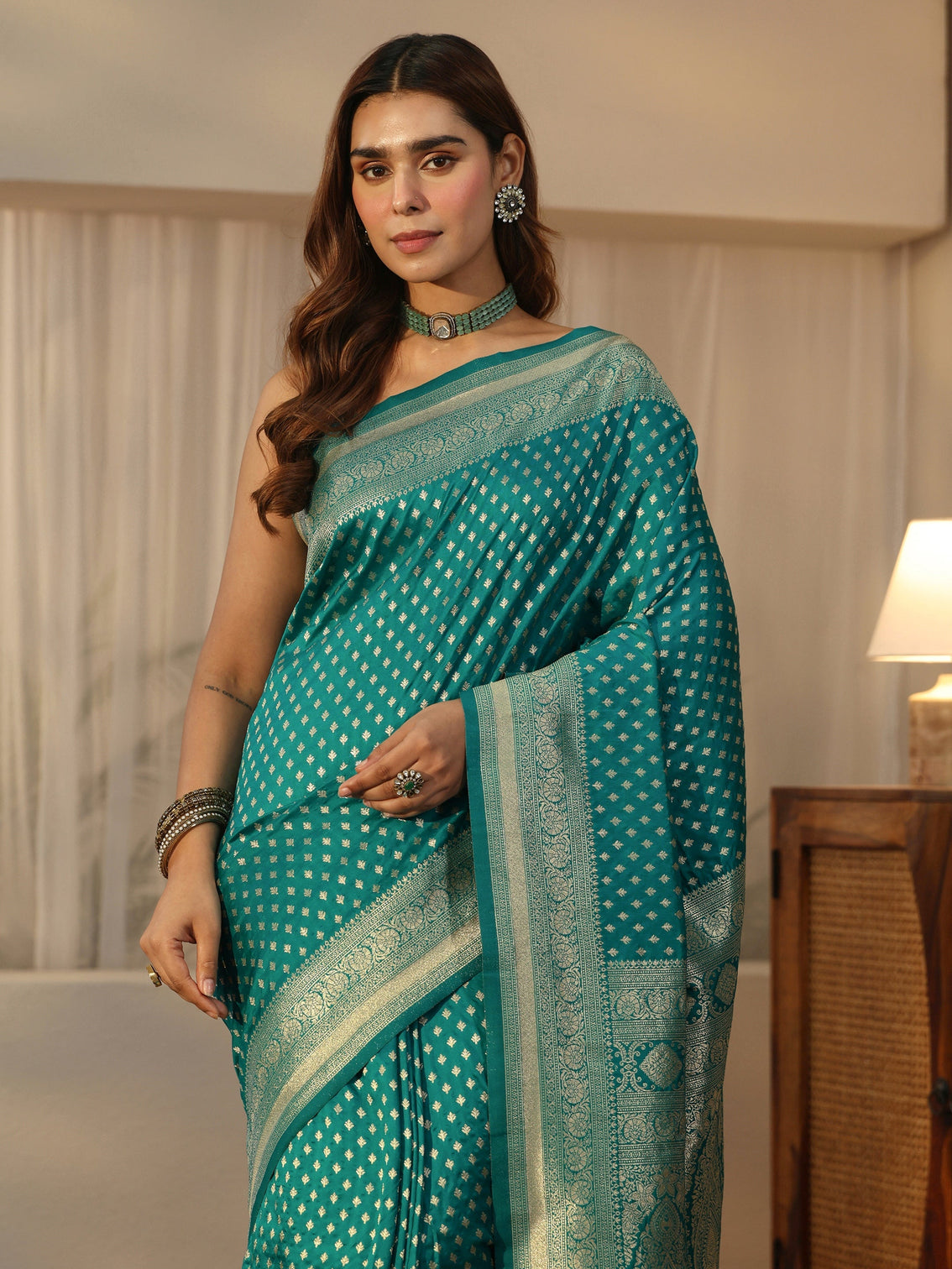 Mameraa Sea Green Banarasi Silk Blend Saree