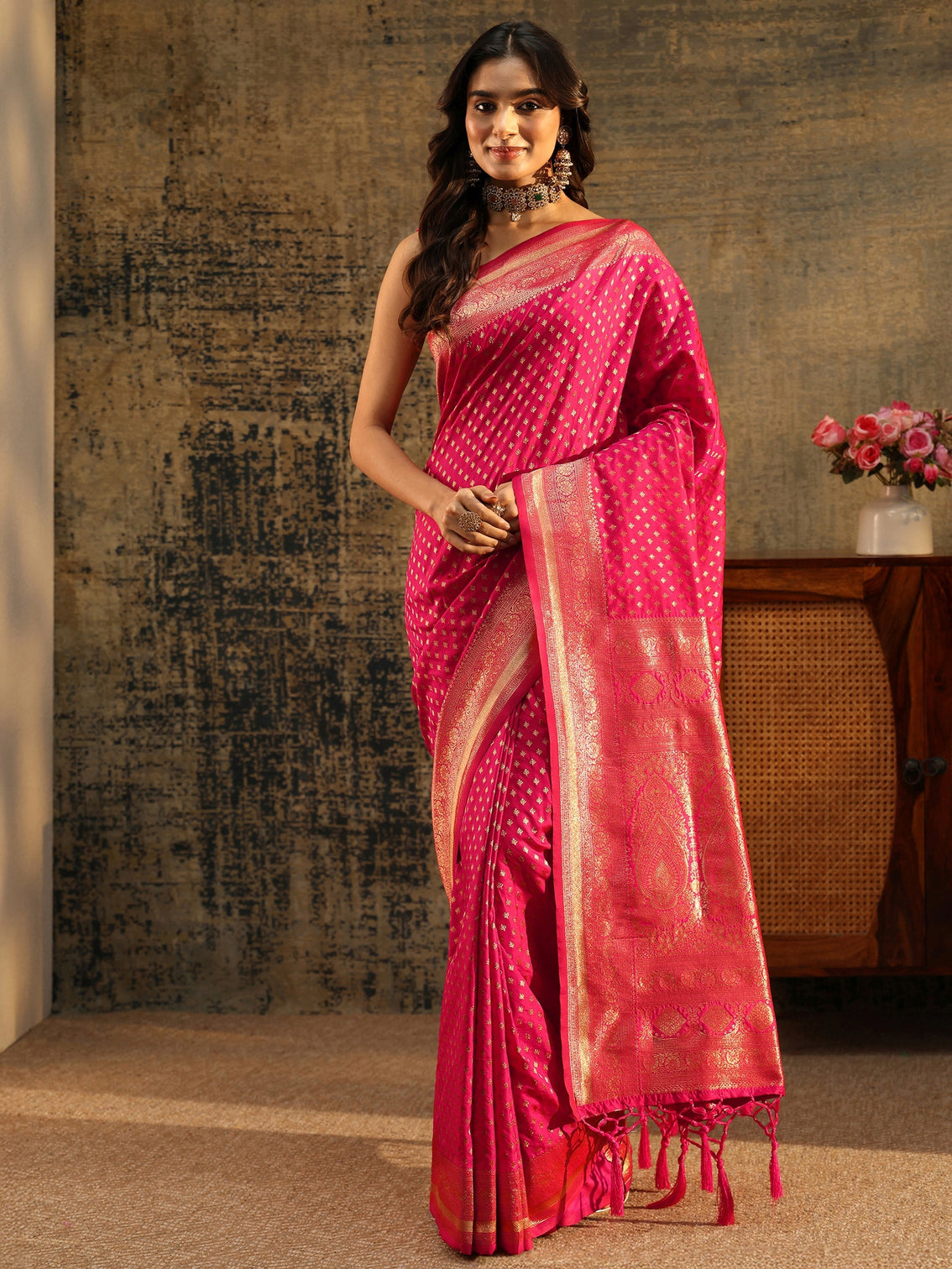 Mameraa Rani Pink Banarasi Silk Blend Saree