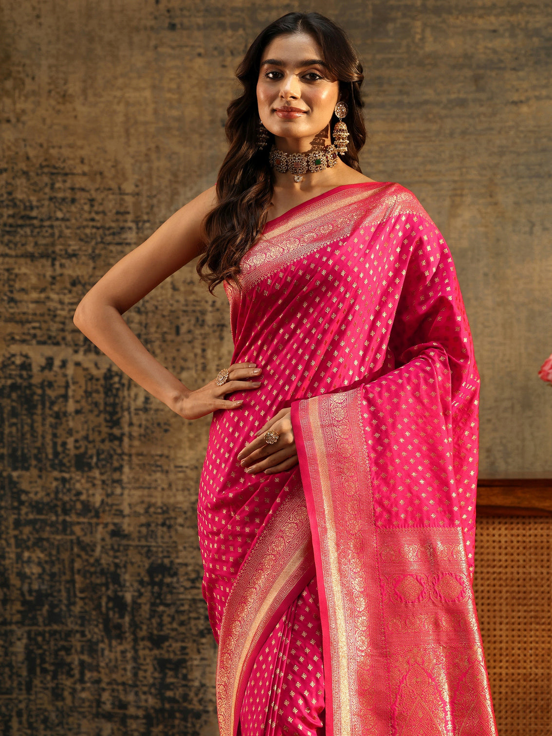 Mameraa Rani Pink Banarasi Silk Blend Saree
