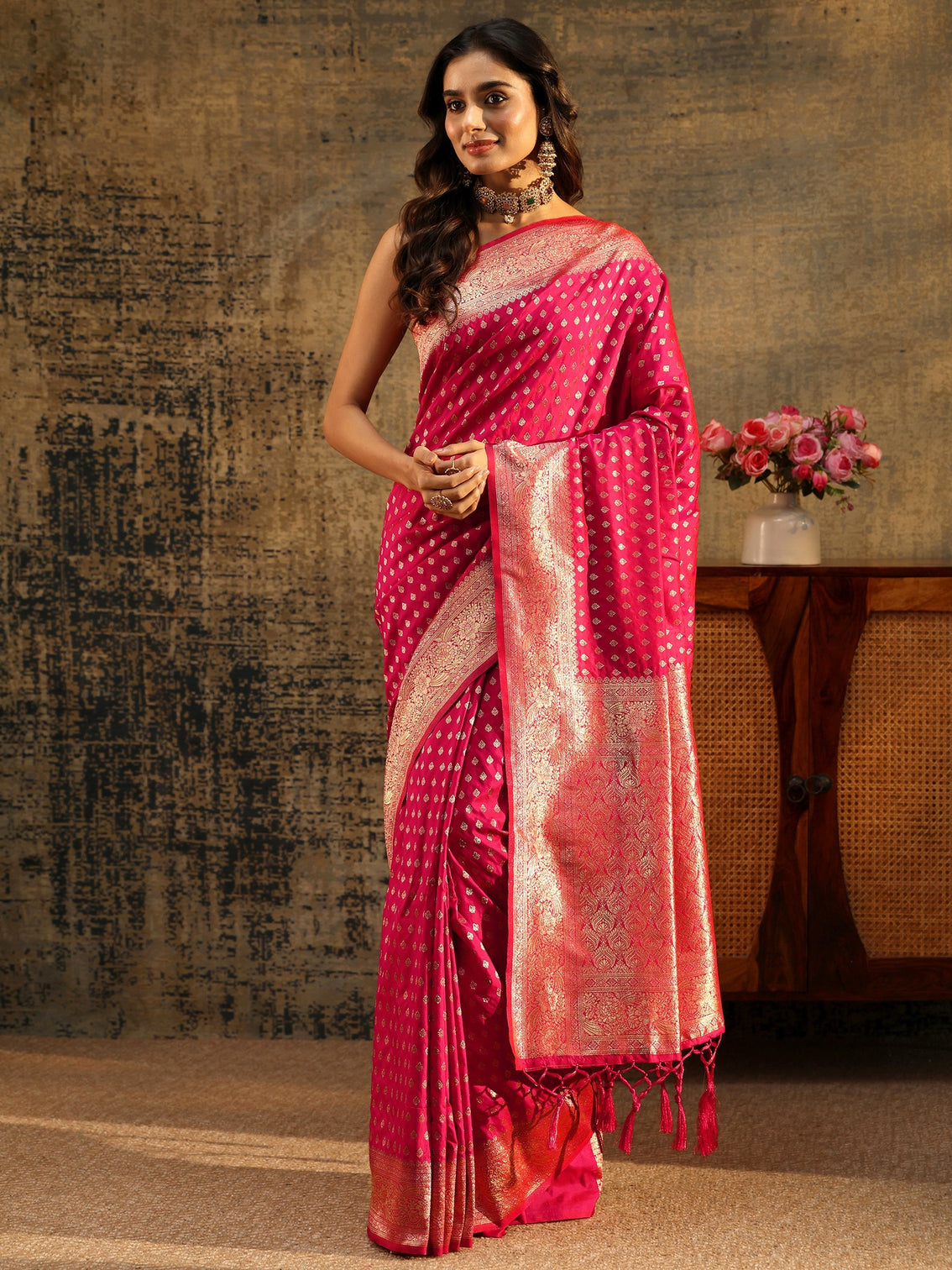 Mameraa Rani Pink Banarasi Silk Blend Saree