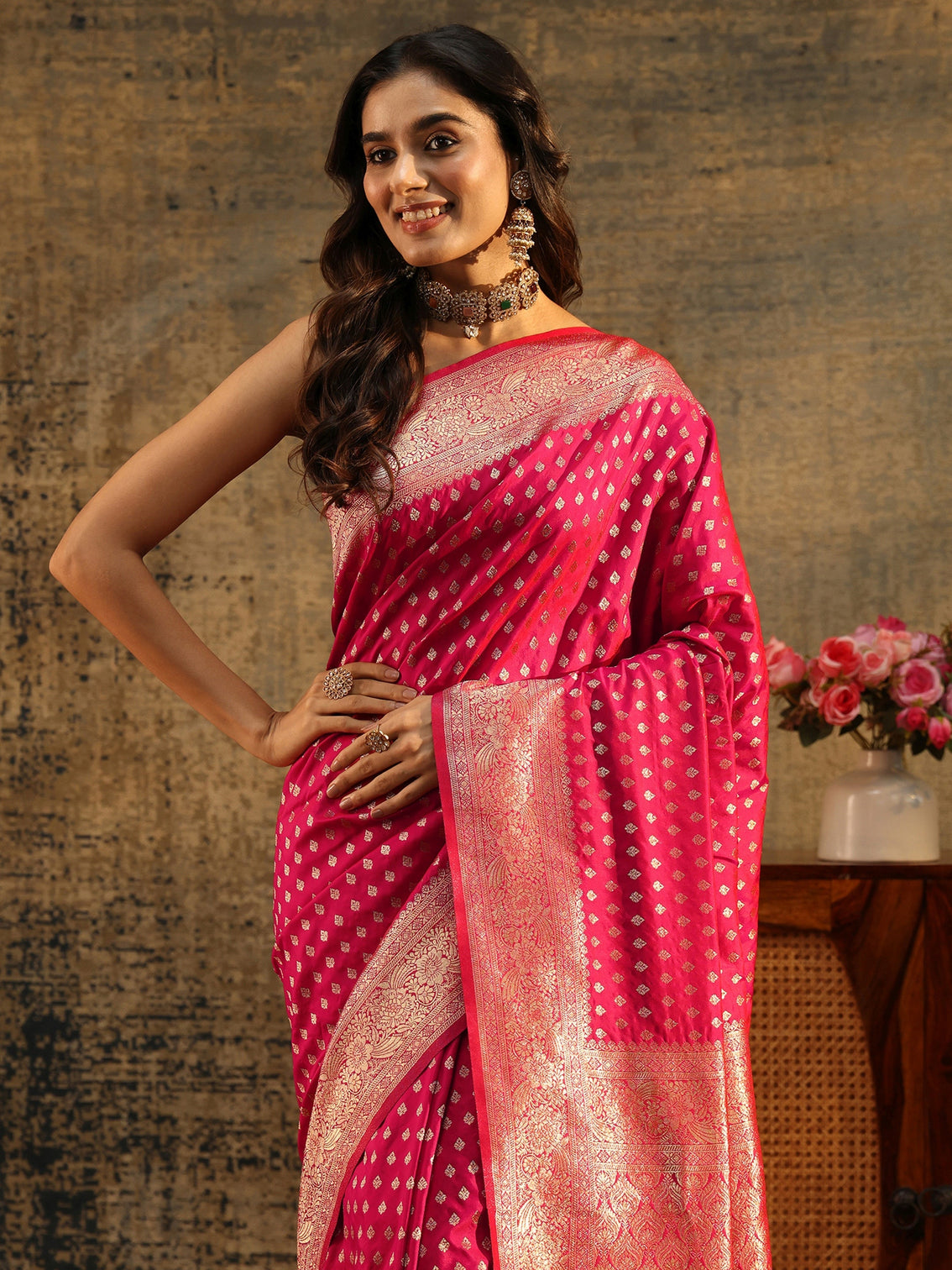 Mameraa Rani Pink Banarasi Silk Blend Saree