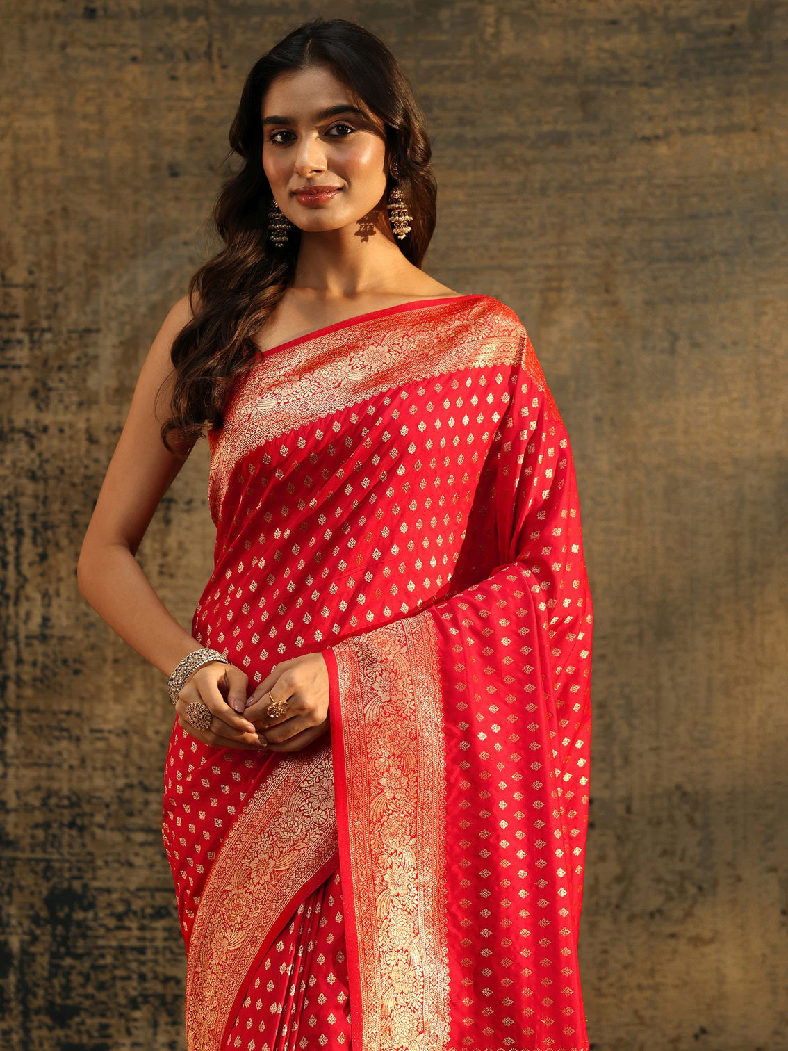 Mameraa Vermilion Red Banarasi Silk Blend Saree