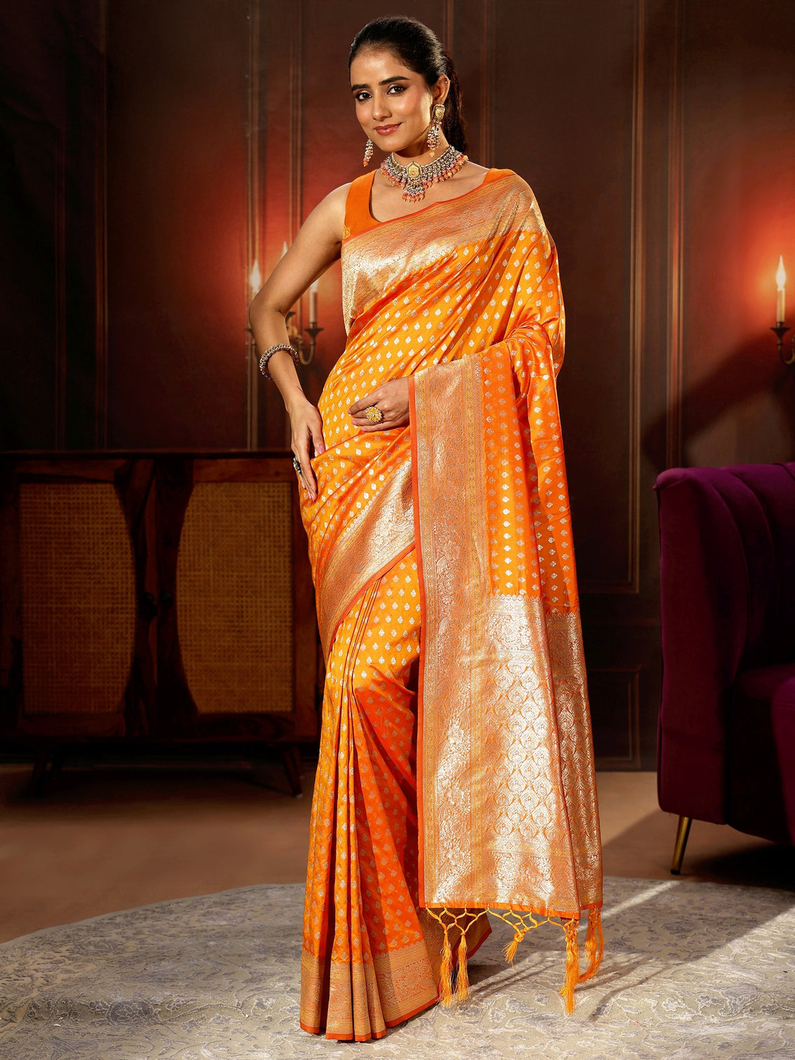 Mameraa Orange Banarasi Silk Blend Saree