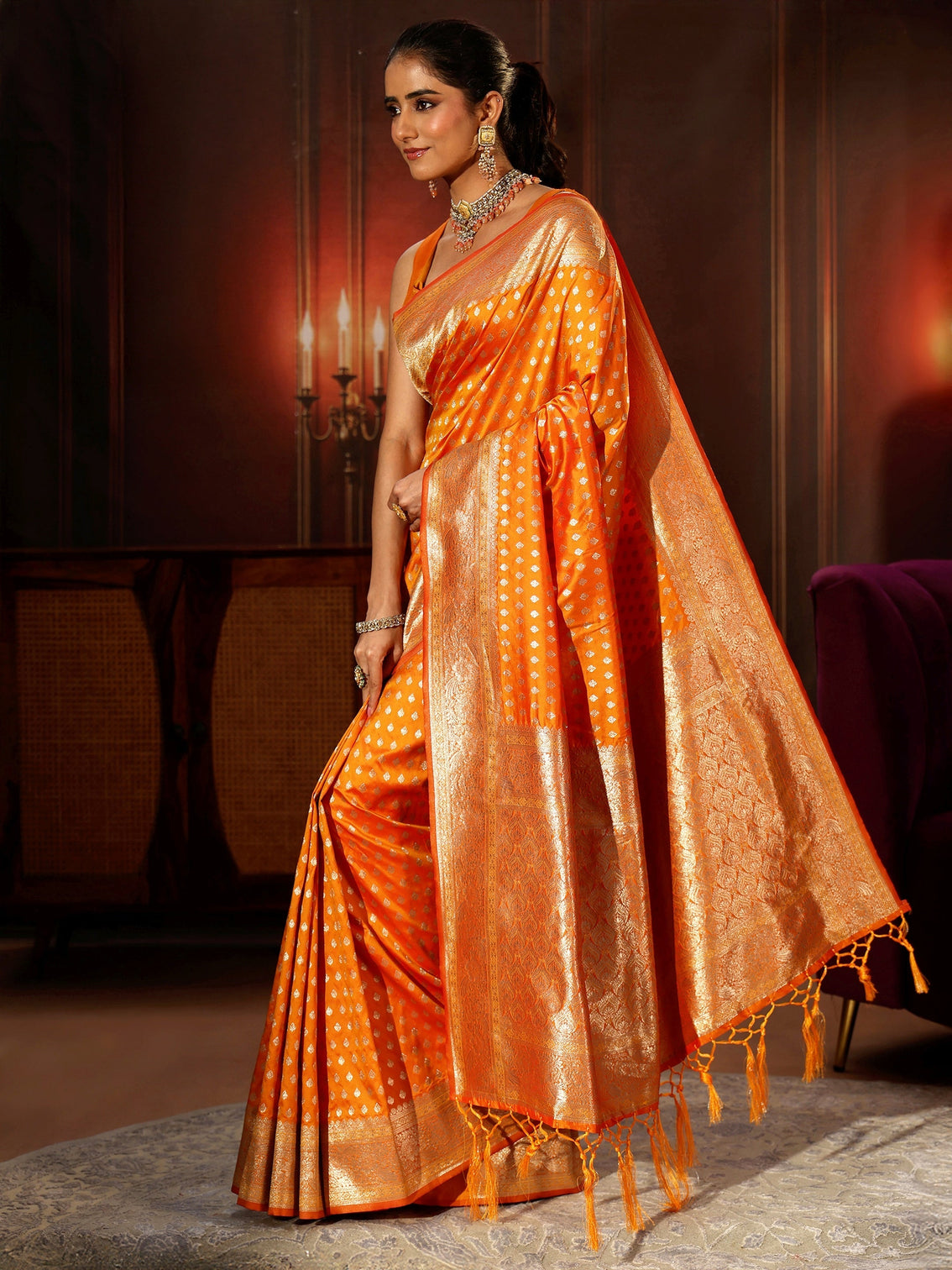 Mameraa Orange Banarasi Silk Blend Saree