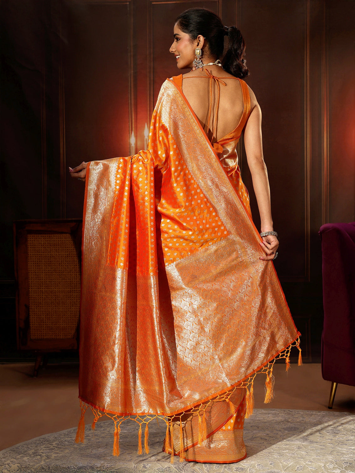 Mameraa Orange Banarasi Silk Blend Saree