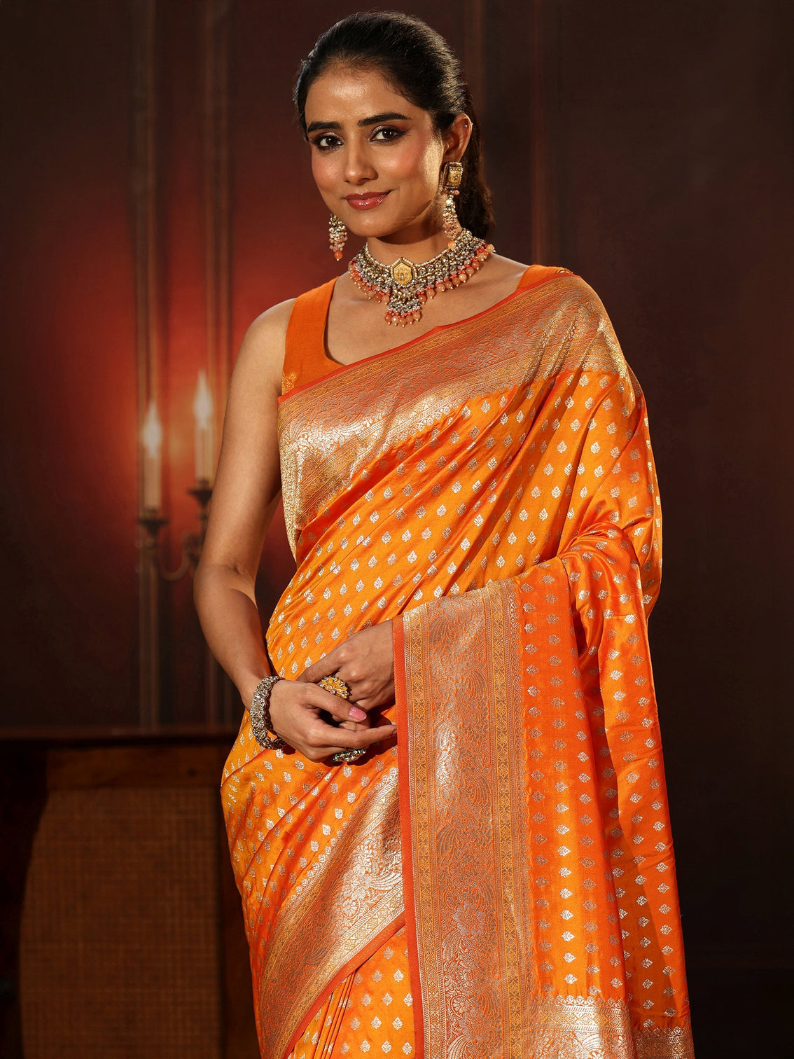 Mameraa Orange Banarasi Silk Blend Saree