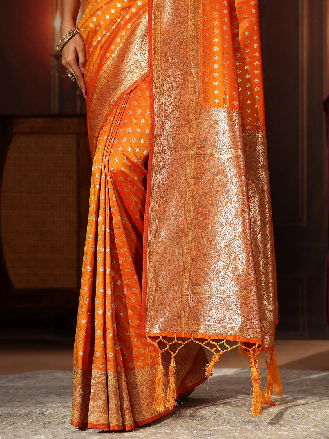 Mameraa Orange Banarasi Silk Blend Saree