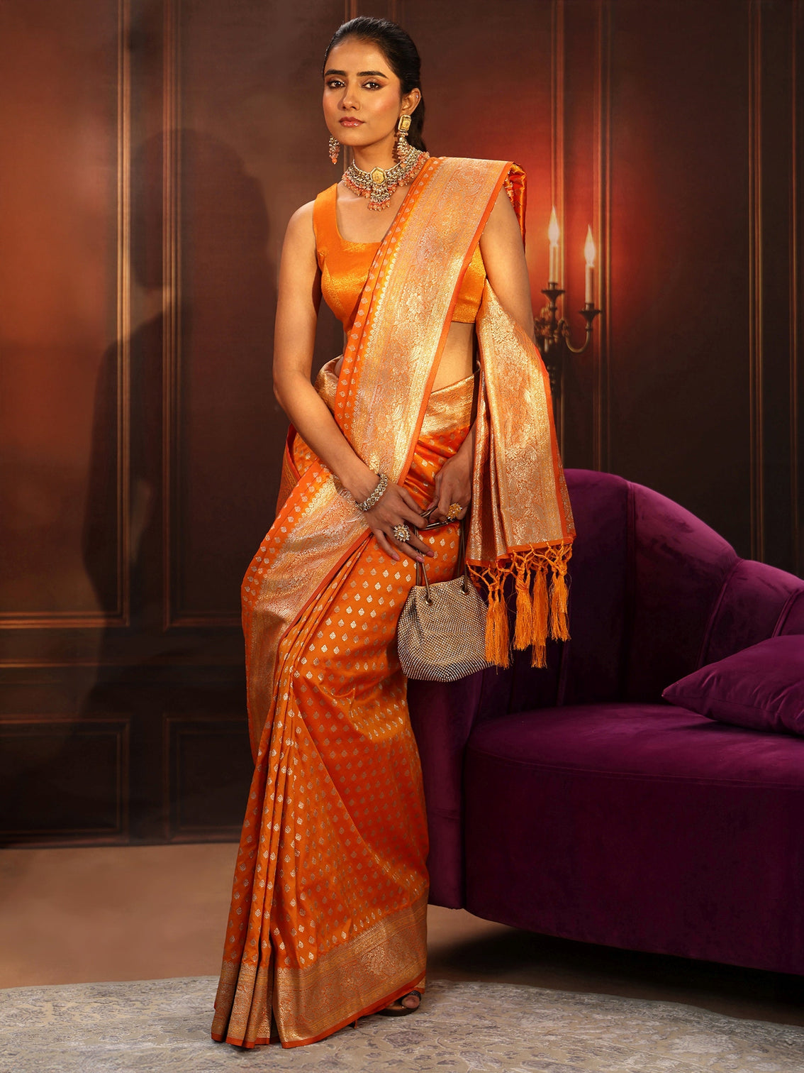 Mameraa Orange Banarasi Silk Blend Saree