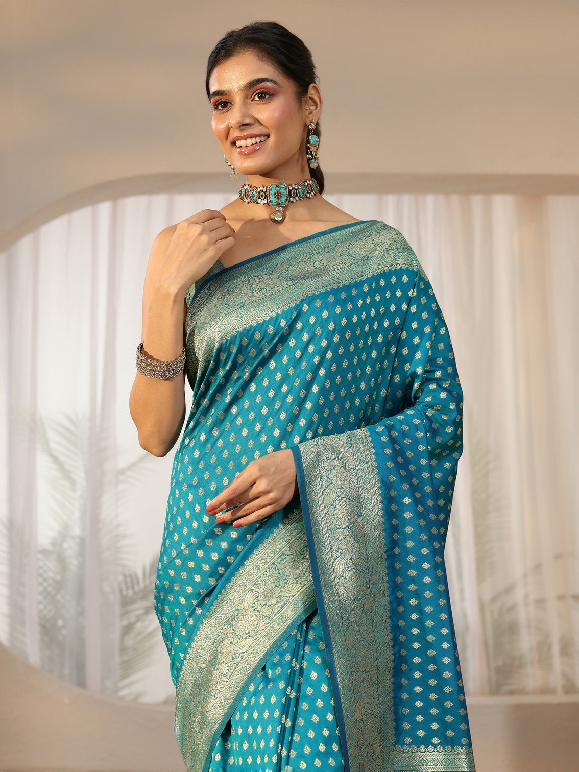 Mameraa Teal Blue Banarasi Silk Blend Saree