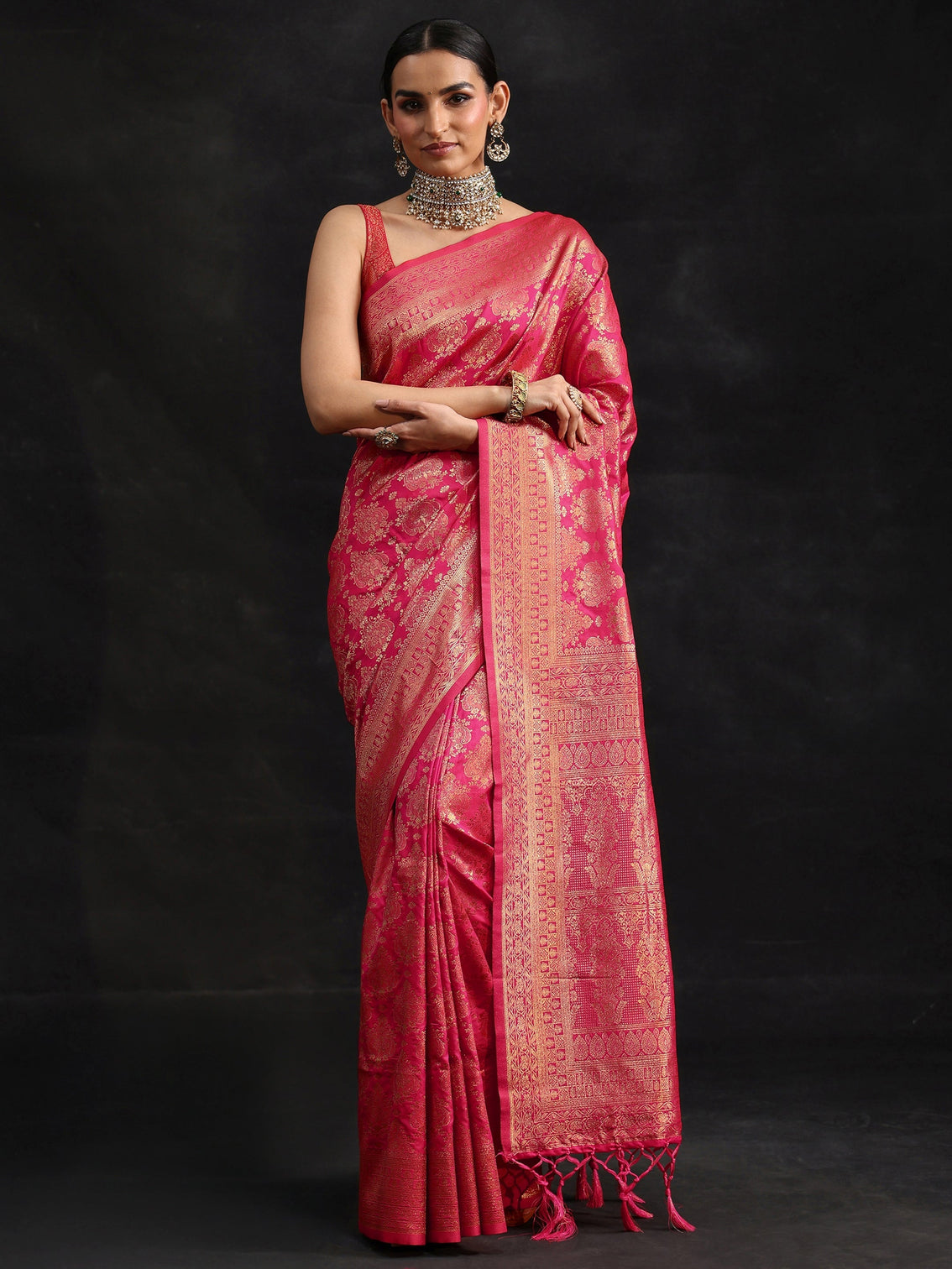 Mameraa Rani Pink Banarasi Silk Blend Saree