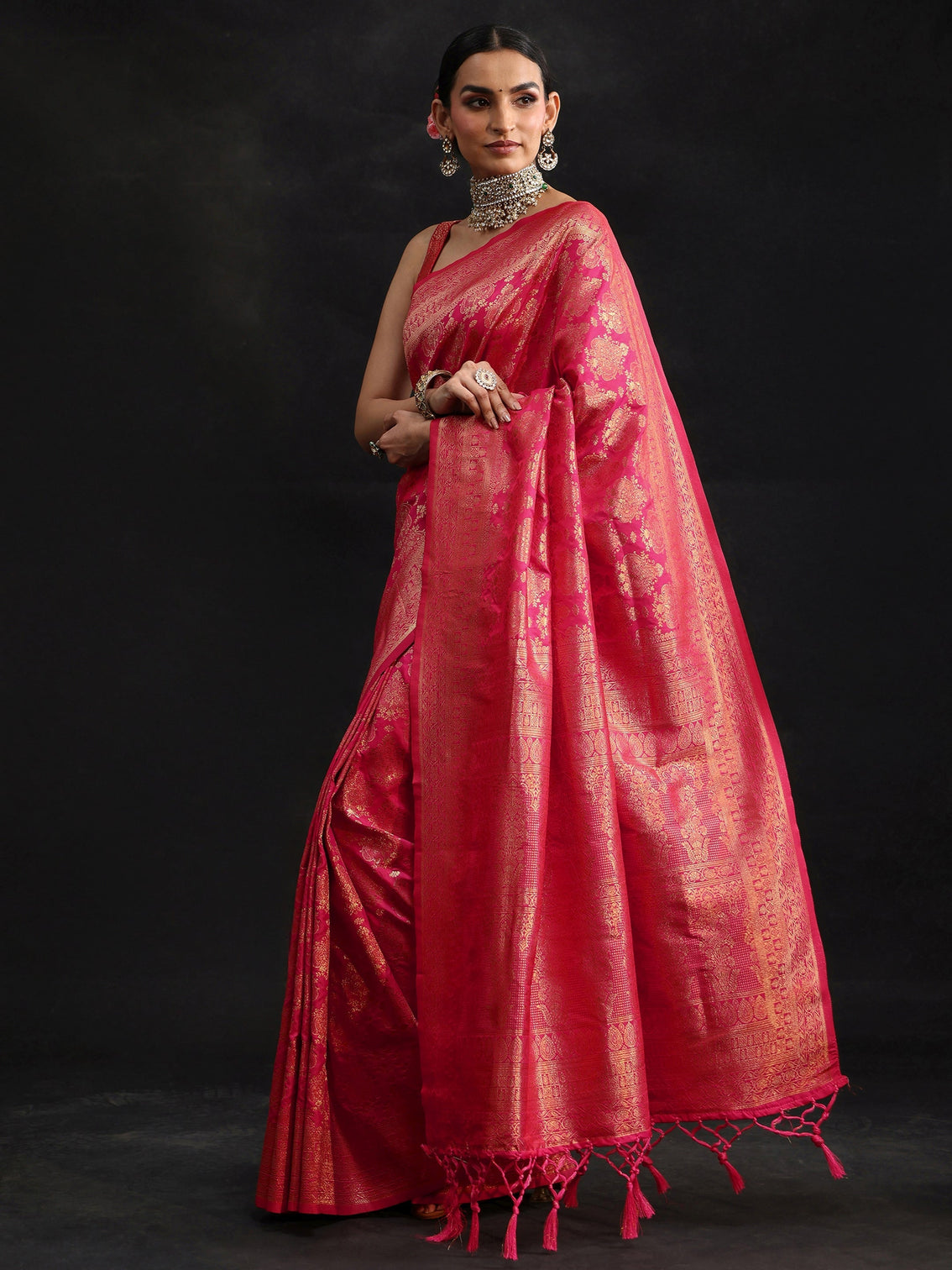 Mameraa Rani Pink Banarasi Silk Blend Saree