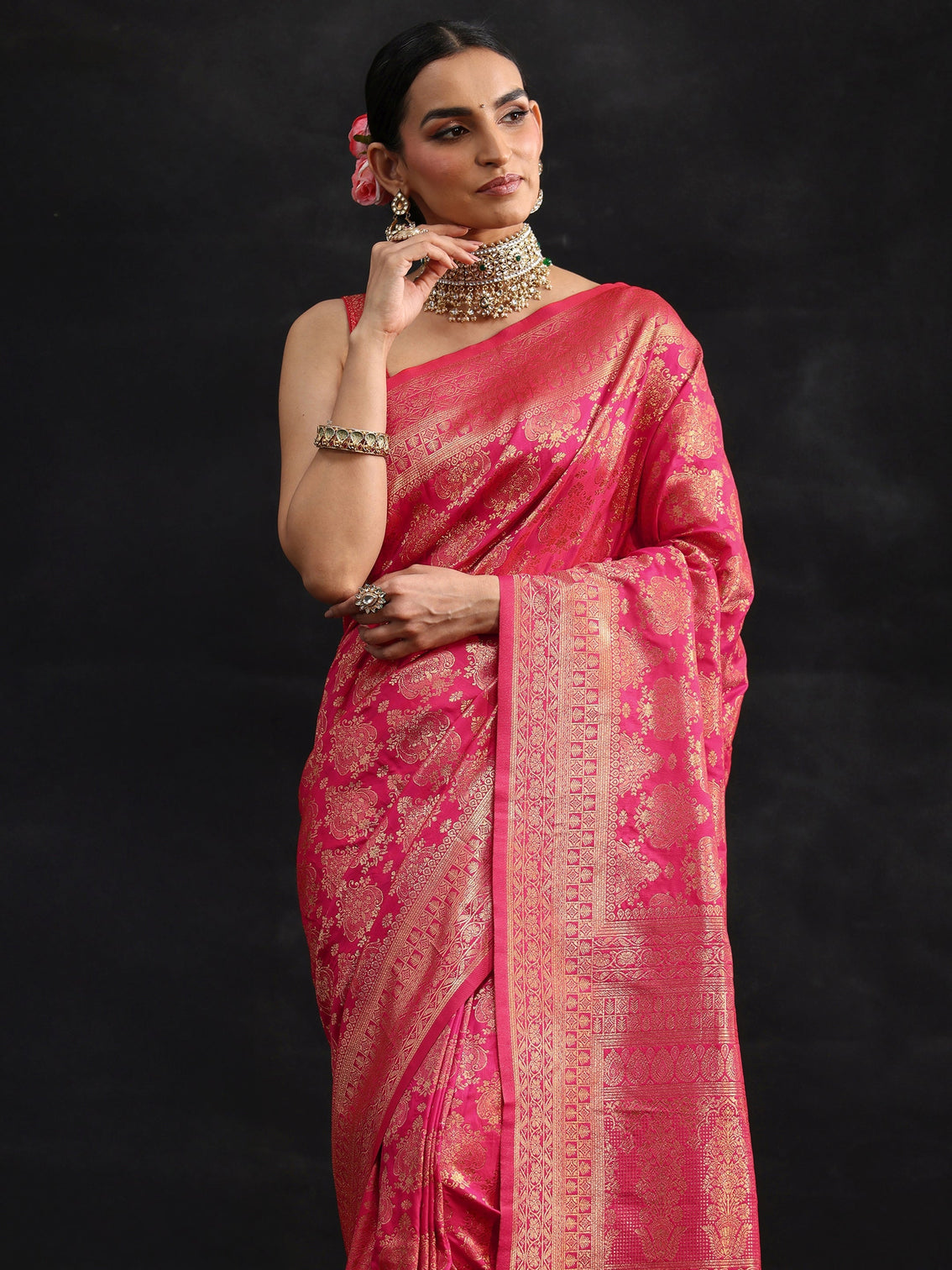 Mameraa Rani Pink Banarasi Silk Blend Saree