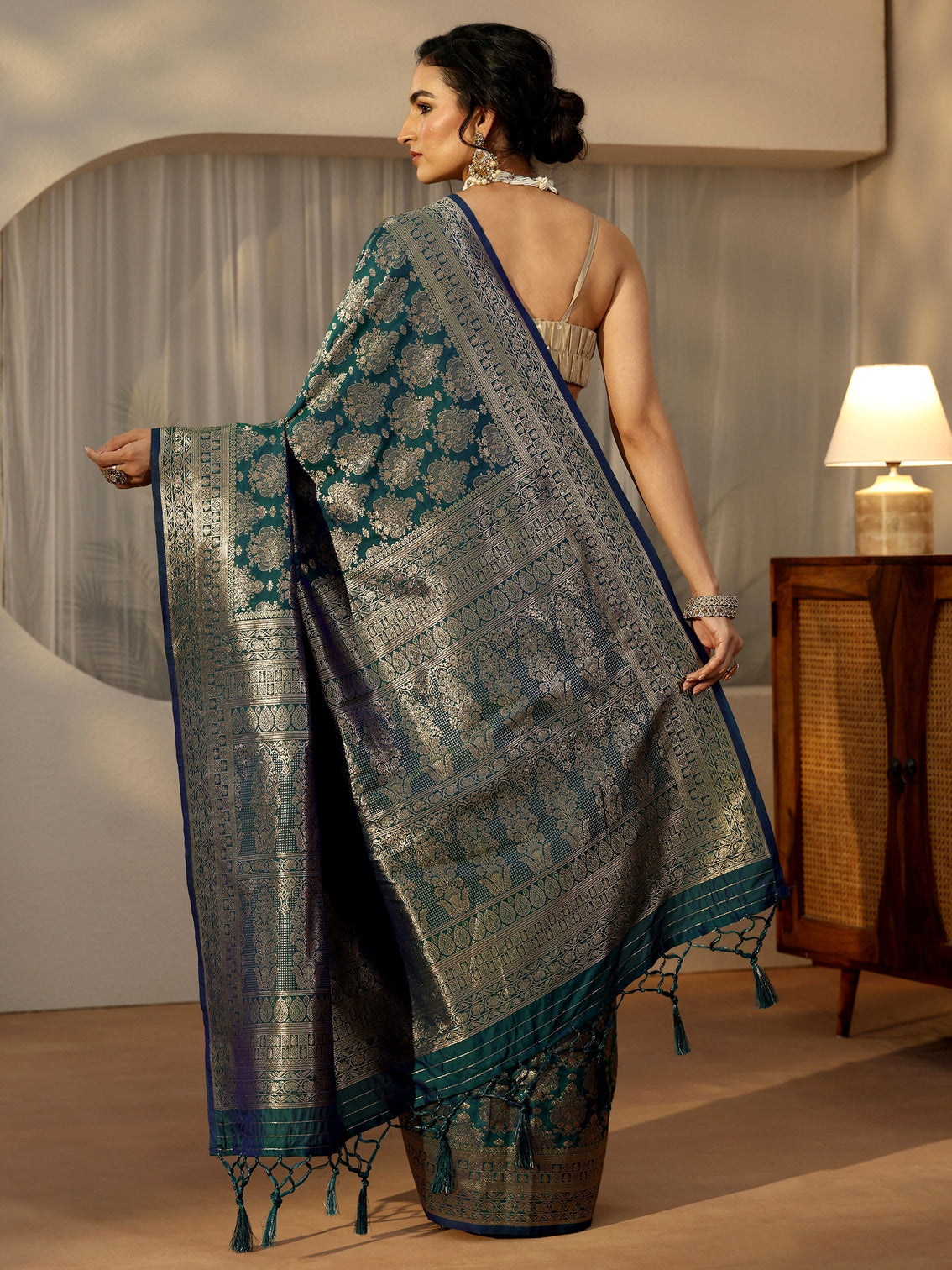 Mameraa Teal Blue Banarasi Silk Blend Saree