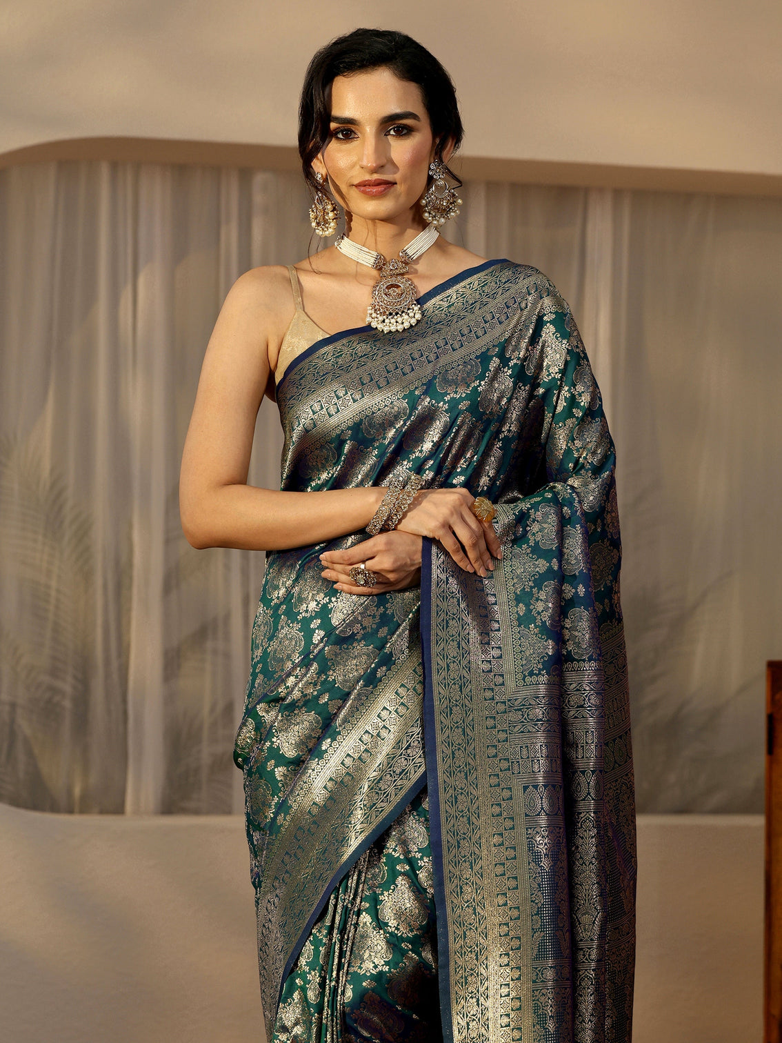 Mameraa Teal Blue Banarasi Silk Blend Saree