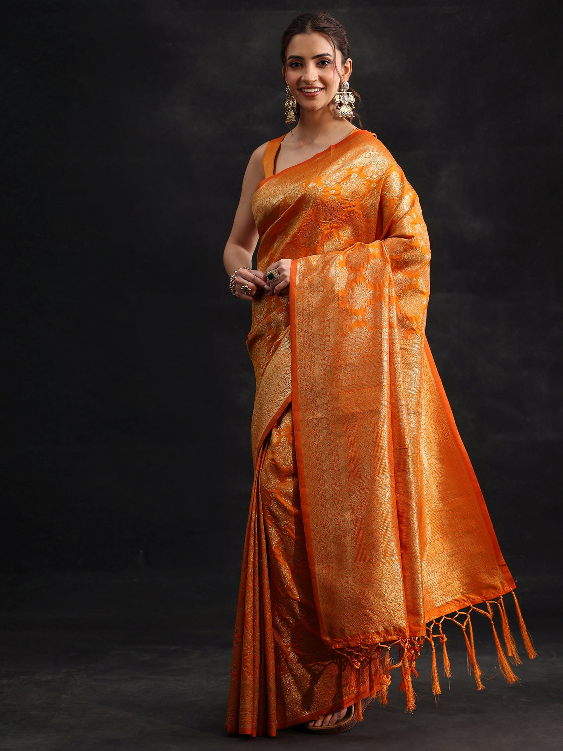 Mameraa Orange Banarasi Silk Blend Saree