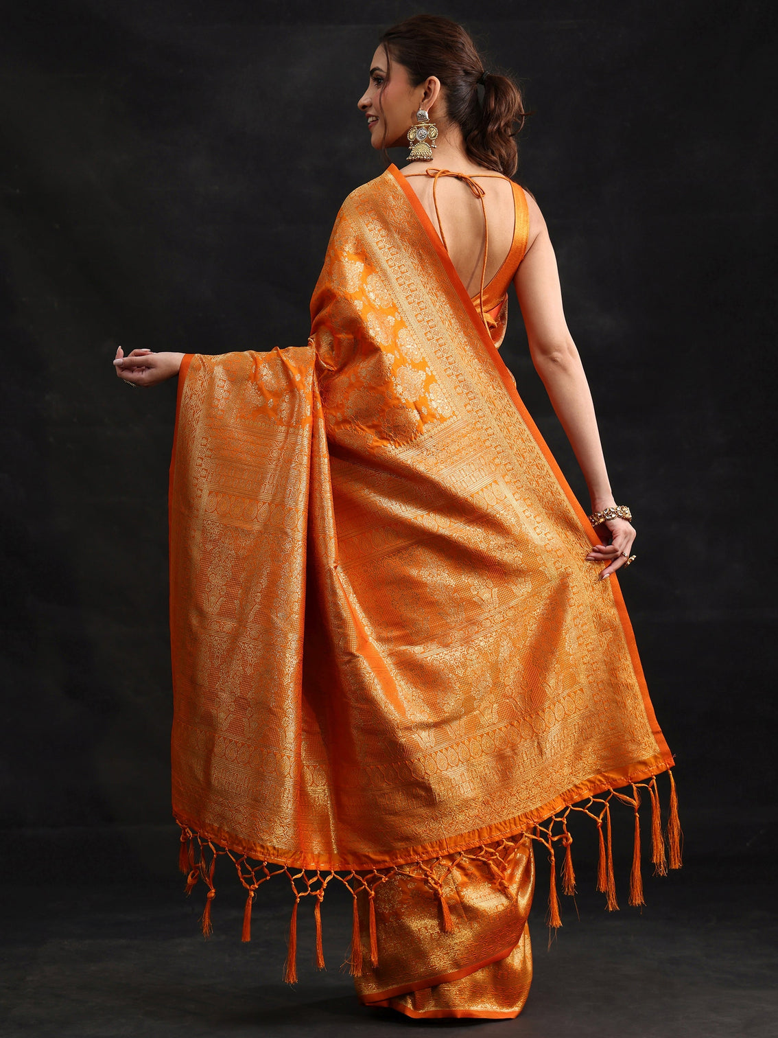 Mameraa Orange Banarasi Silk Blend Saree