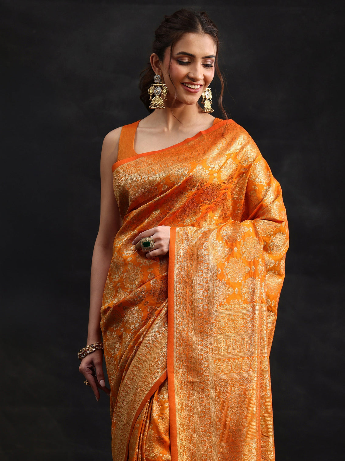 Mameraa Orange Banarasi Silk Blend Saree