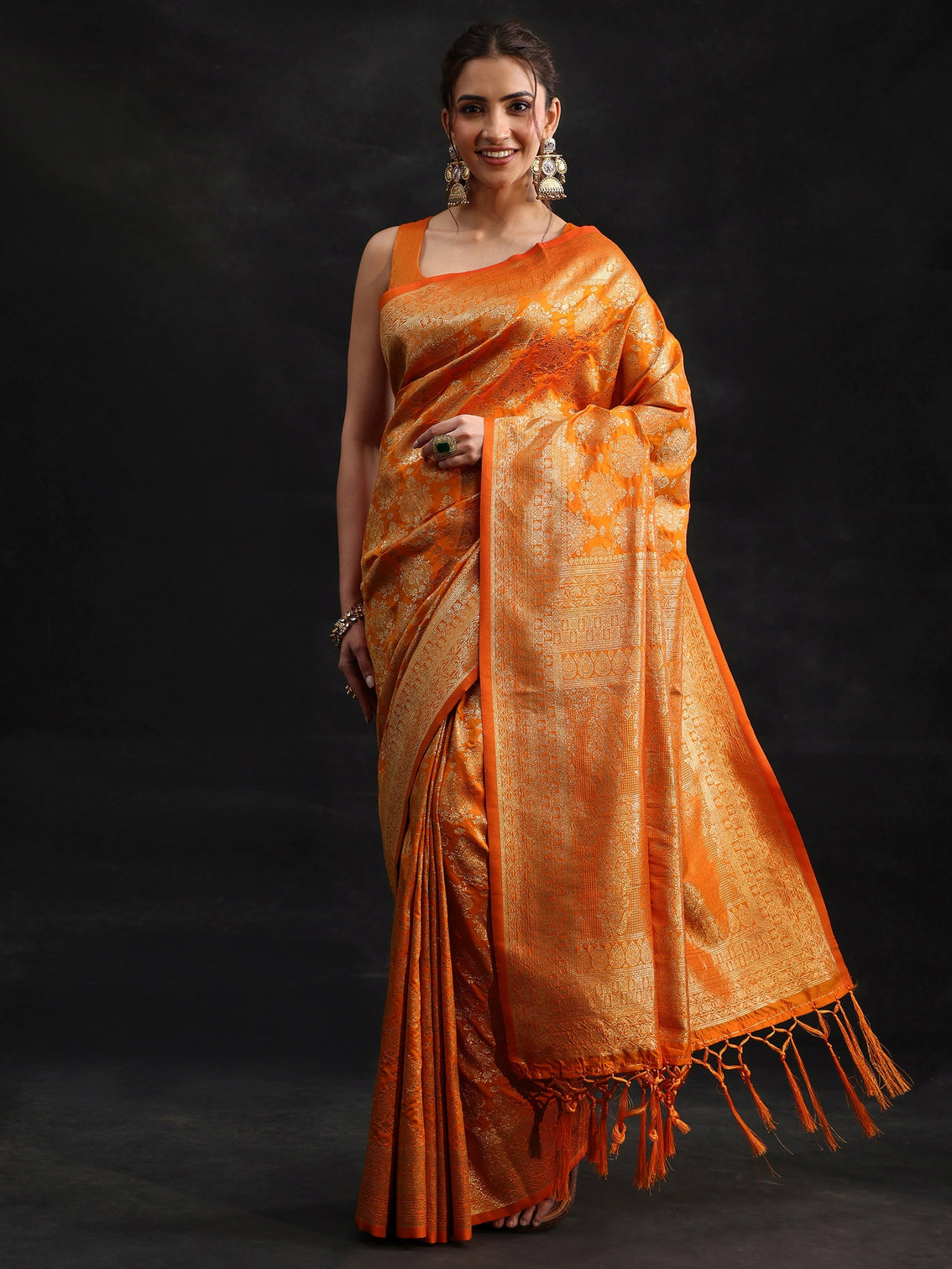 Mameraa Orange Banarasi Silk Blend Saree