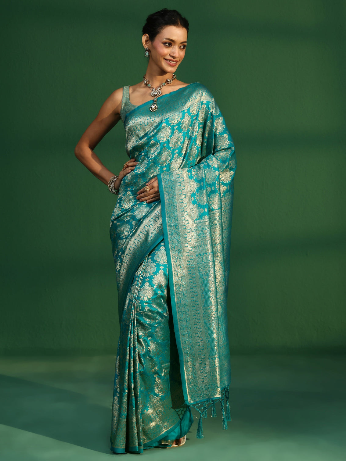 Mameraa Sea Green Banarasi Silk Blend Saree