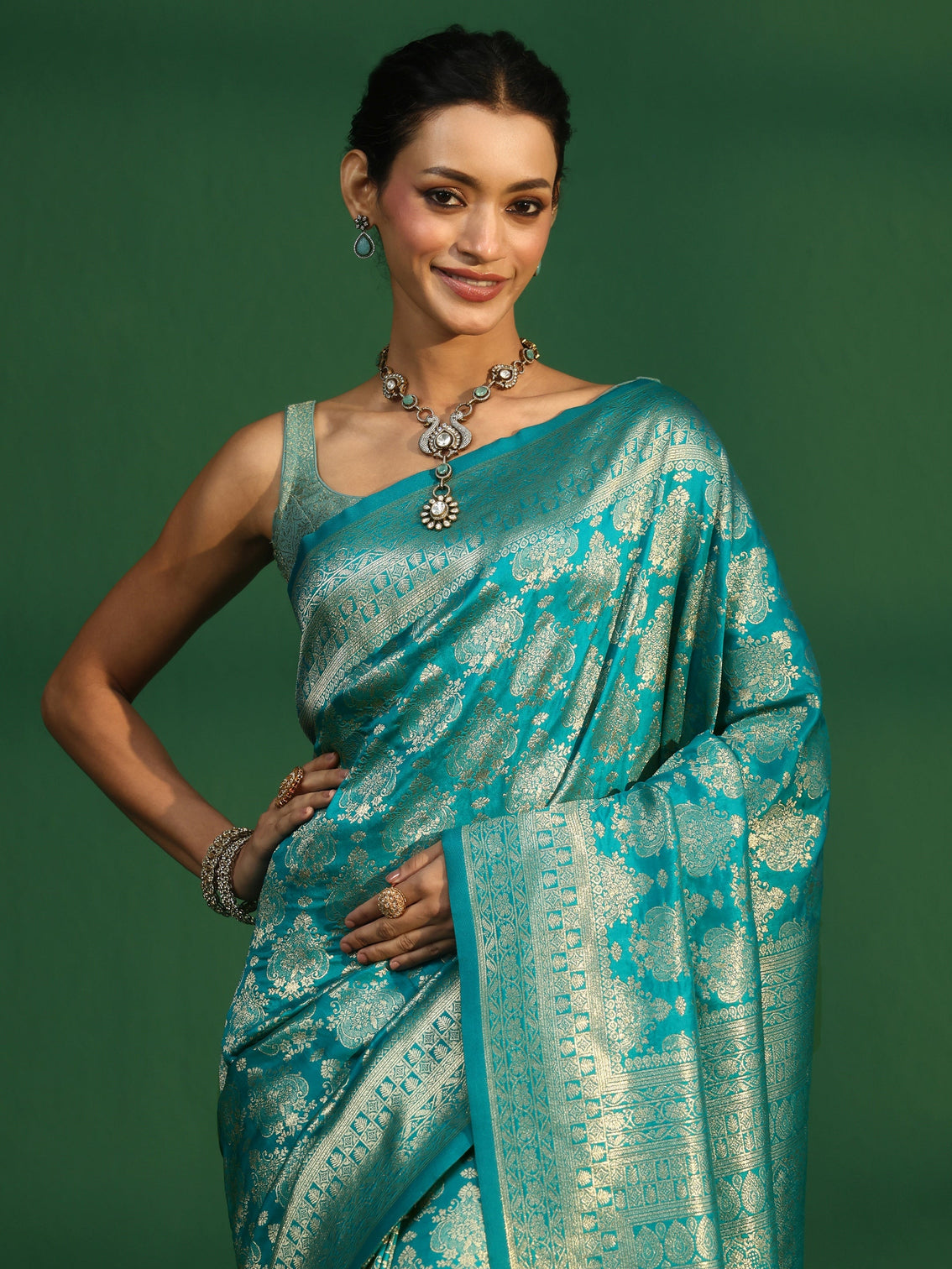 Mameraa Sea Green Banarasi Silk Blend Saree