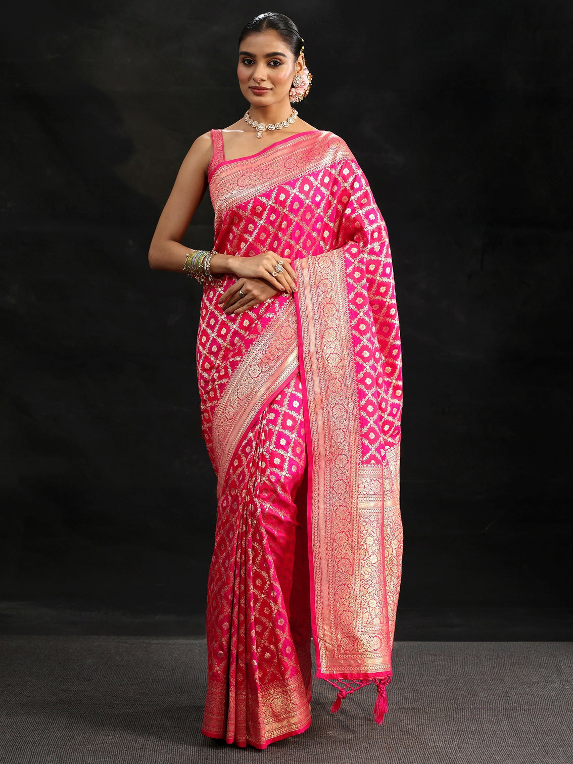 Mameraa Rani Pink Banarasi Silk Blend Saree