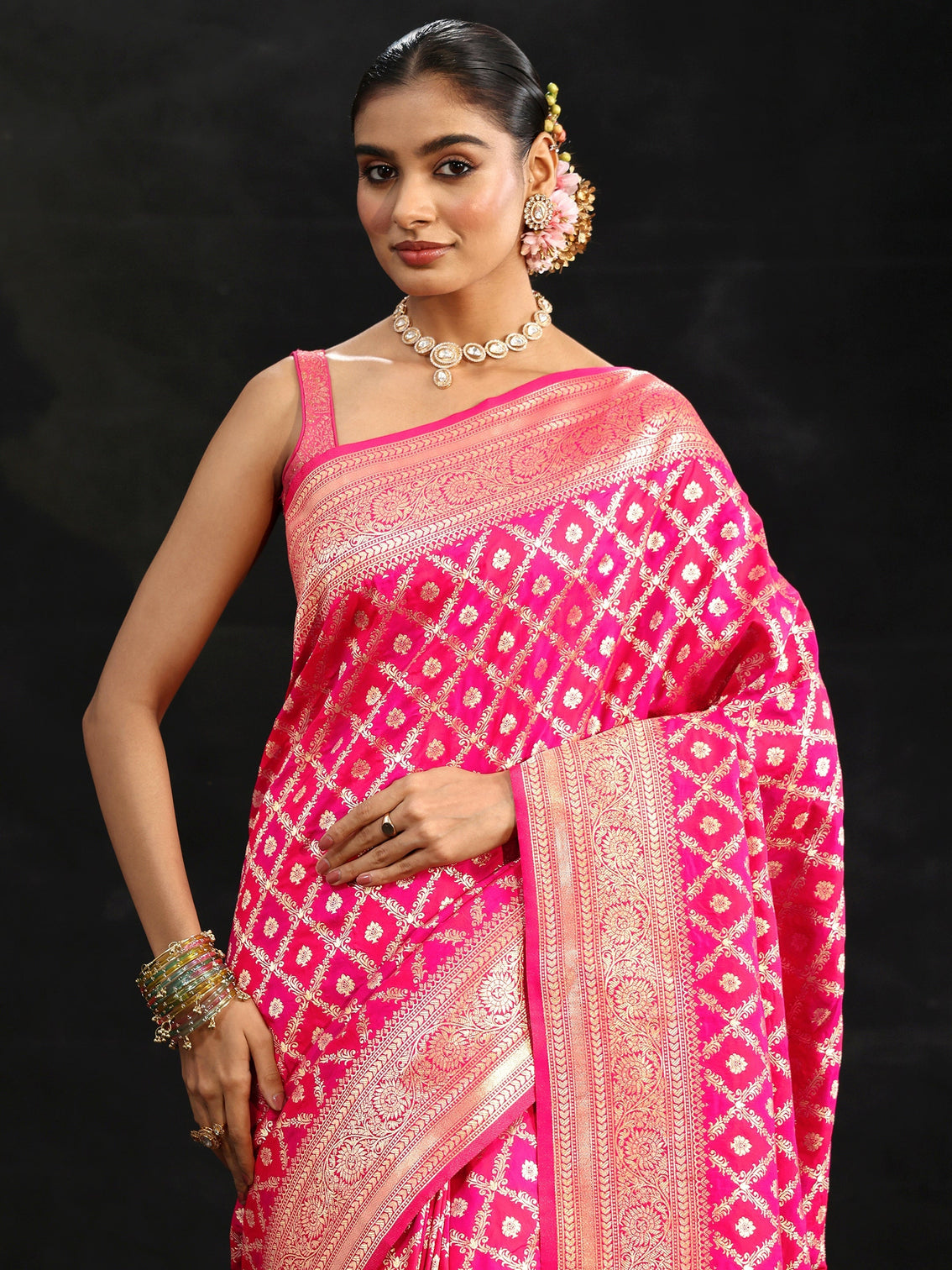 Mameraa Rani Pink Banarasi Silk Blend Saree