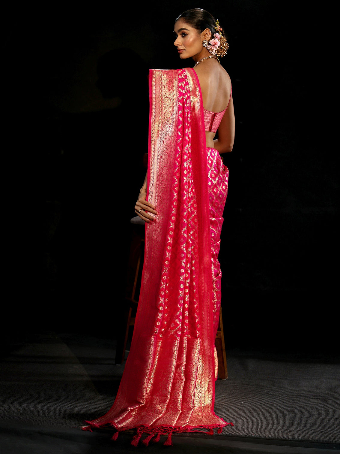 Mameraa Rani Pink Banarasi Silk Blend Saree