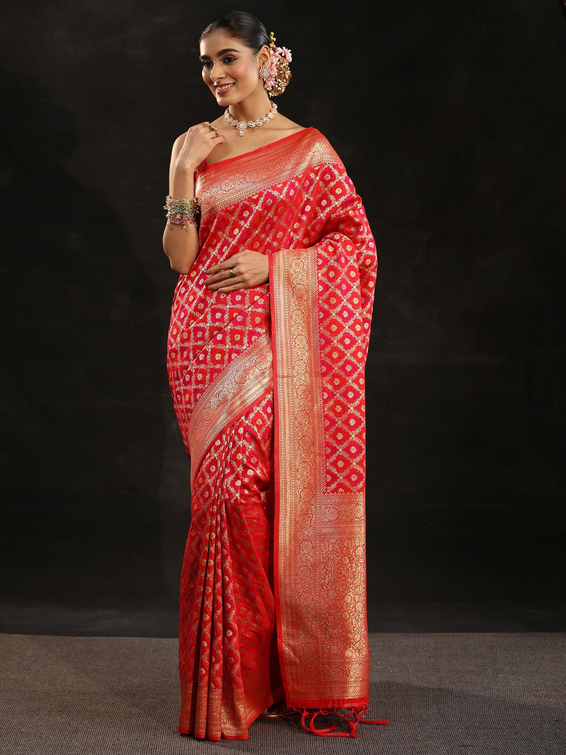 Mameraa Vermilion Red Banarasi Silk Blend Saree