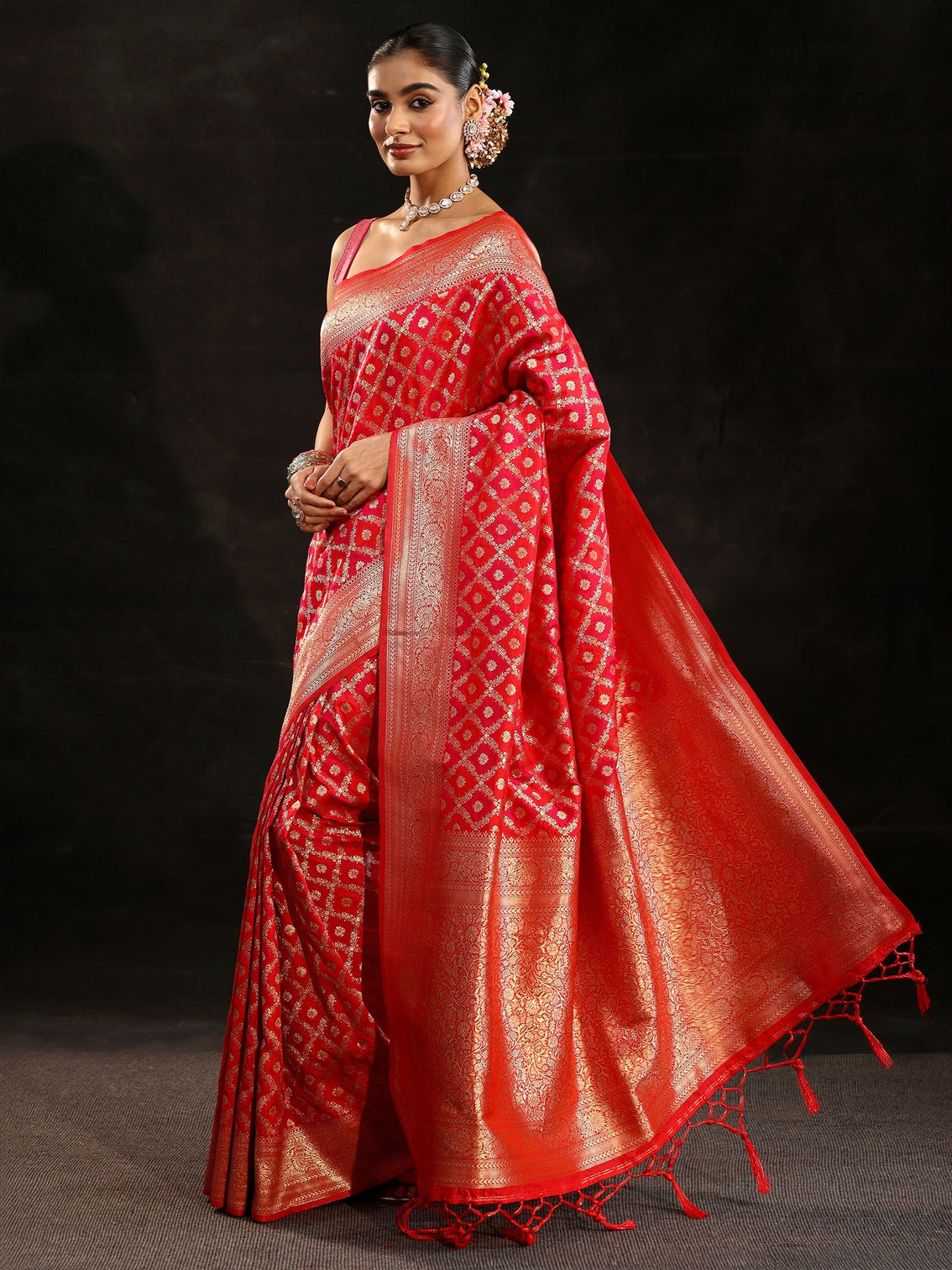 Mameraa Vermilion Red Banarasi Silk Blend Saree