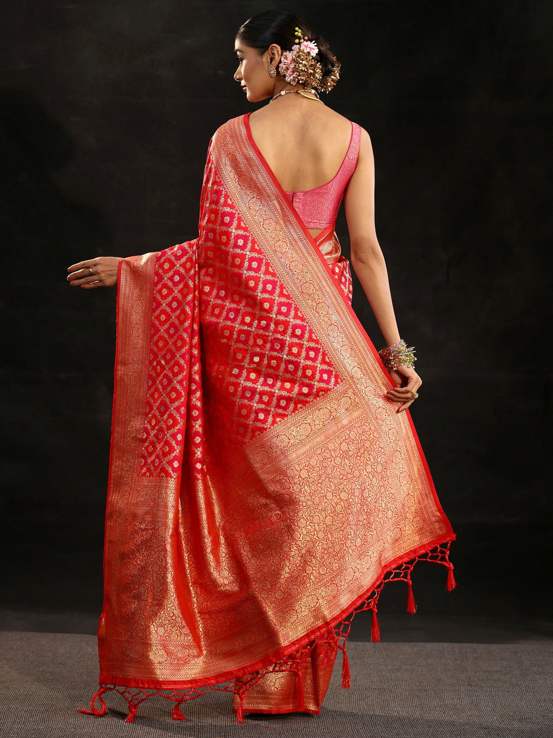 Mameraa Vermilion Red Banarasi Silk Blend Saree