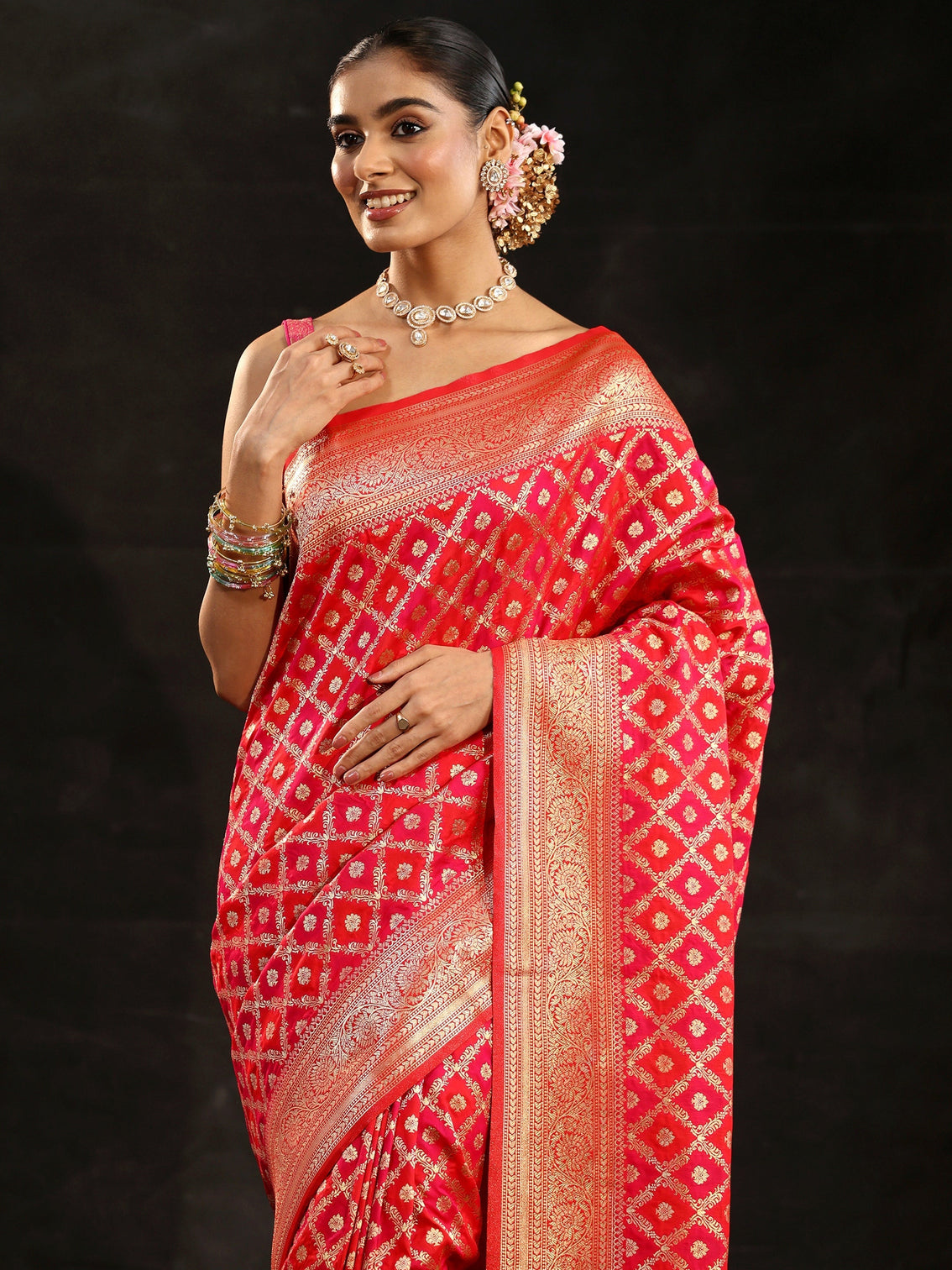 Mameraa Vermilion Red Banarasi Silk Blend Saree